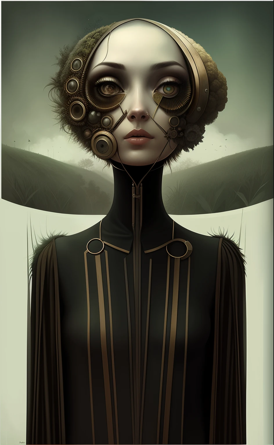 A closeup of a woman with a strange head and a strange face, inspirado em Darek Zabrocki, Portrait of a psychedelic vegetable girl, corpo magros, stunning digital illustration, symmetrical portrait scifi, arte steampunk digital, Neosurrealismo. arte digital, Grande arte digital com detalhes, retrato humanoide, Tom Bagshaw Estilo, mulher humanoide, Estilo de Tom Bagshaw
