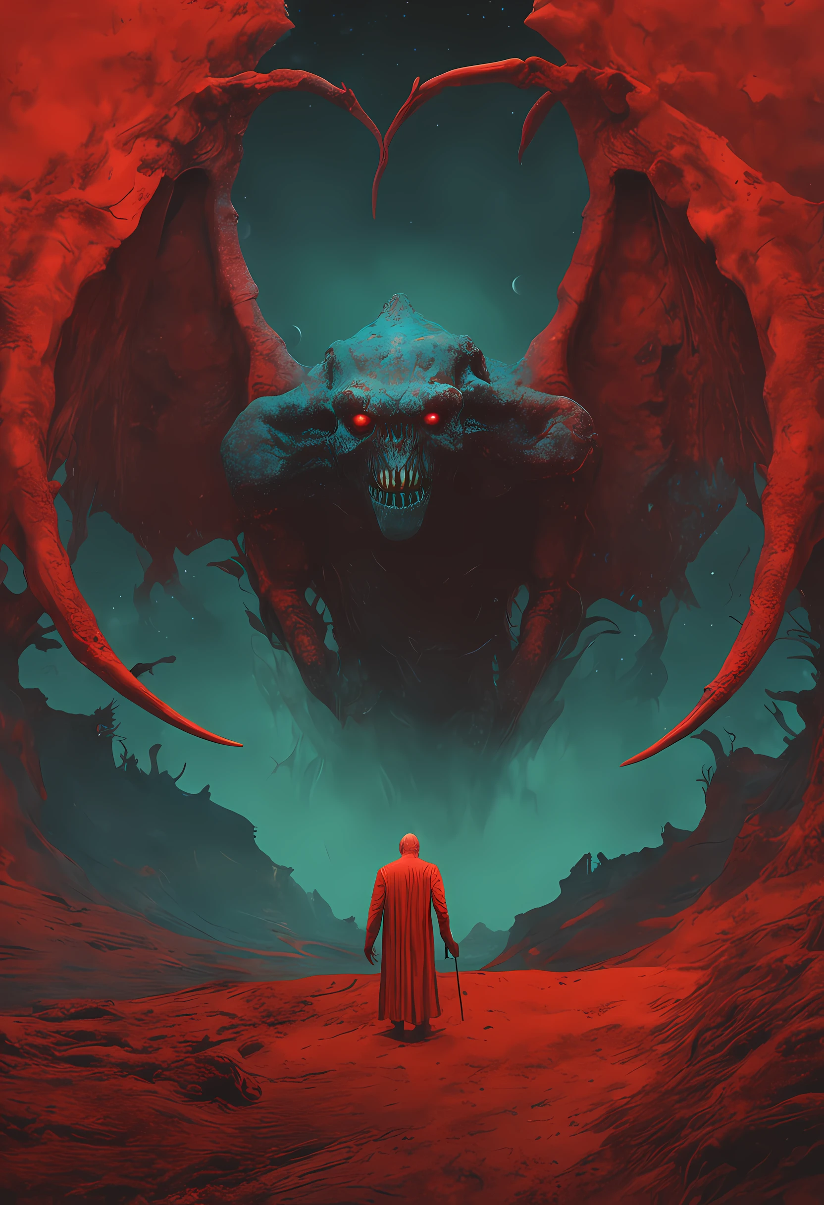 mythology creatures, by zdzislaw beksinski and van gogh, album cover art, rome, surrealism, futuristic ,satan, t-rex, coral, wizard, abstract, dark, red, hell, landscape