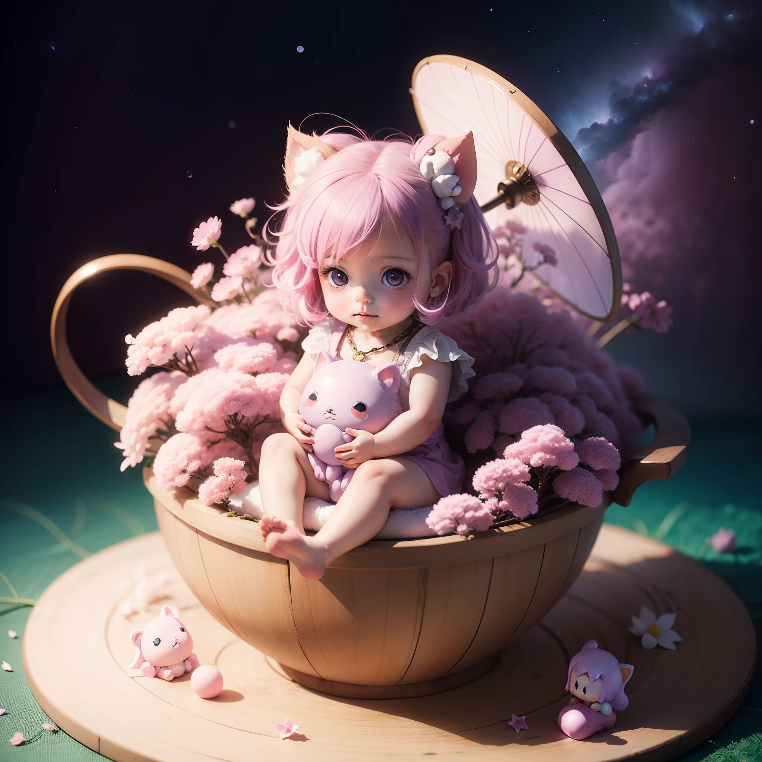 Cute  Chibi Anime,Sit on a vessel in the shape of a pink cosmos,pale purple hair,Fairyland Forest