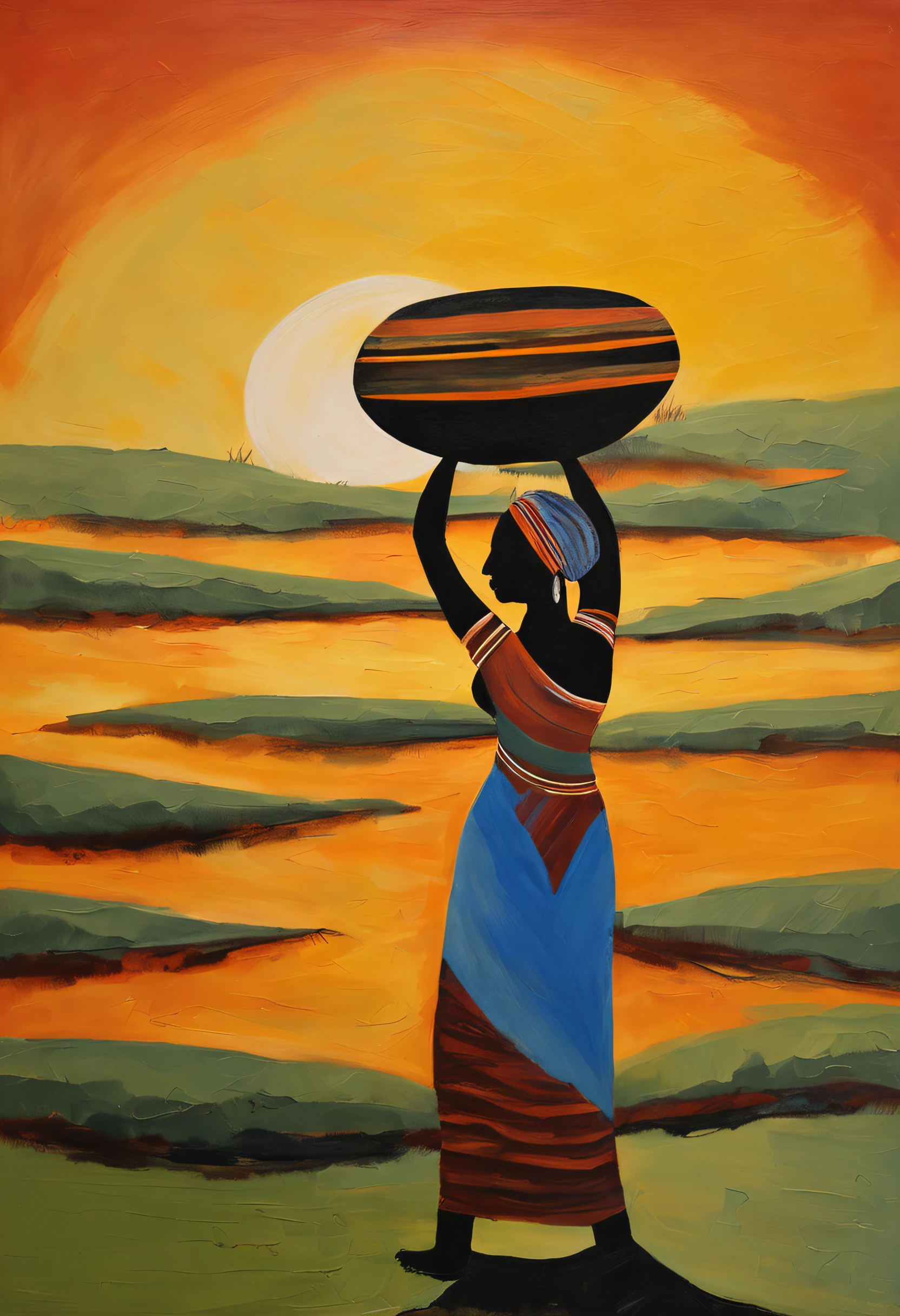women carrying clay pots, silhouette against a sunset dusk, moving from left to right, horizon, rule of thirds,Heterogeneous skin tone, horizon,African patterns,savanna grass land, S shaped, Cultural art, sunset, 8K, Full body like,Best quality, Masterpiece, Super detail, High details, High quality, Best quality, A high resolution,realistic