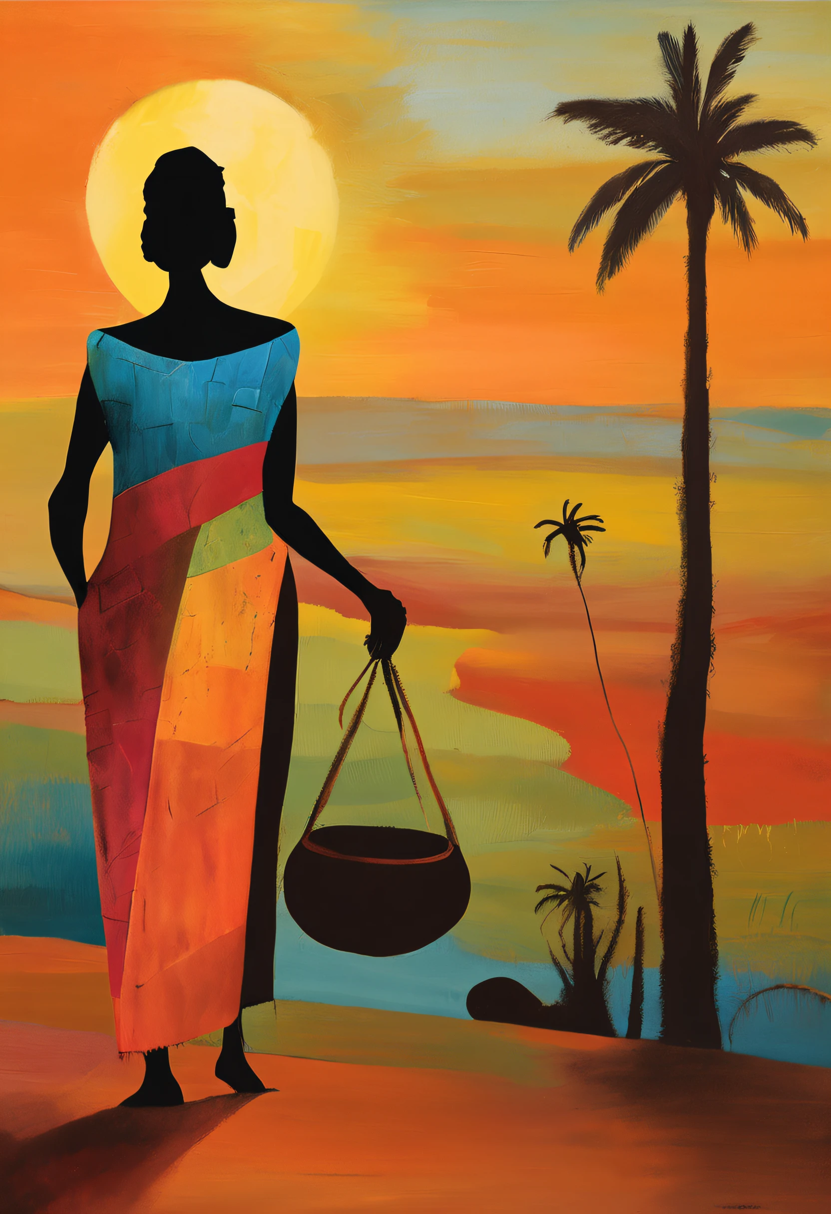 women carrying clay pots, silhouette against a sunset dusk, moving from left to right, horizon, rule of thirds,Heterogeneous skin tone, horizon，African patterns，savanna grass land, S shaped, Cultural art, sunset, 8K, Full body like，Best quality, Masterpiece, Super detail, High details, High quality, Best quality, A high resolution，realistic