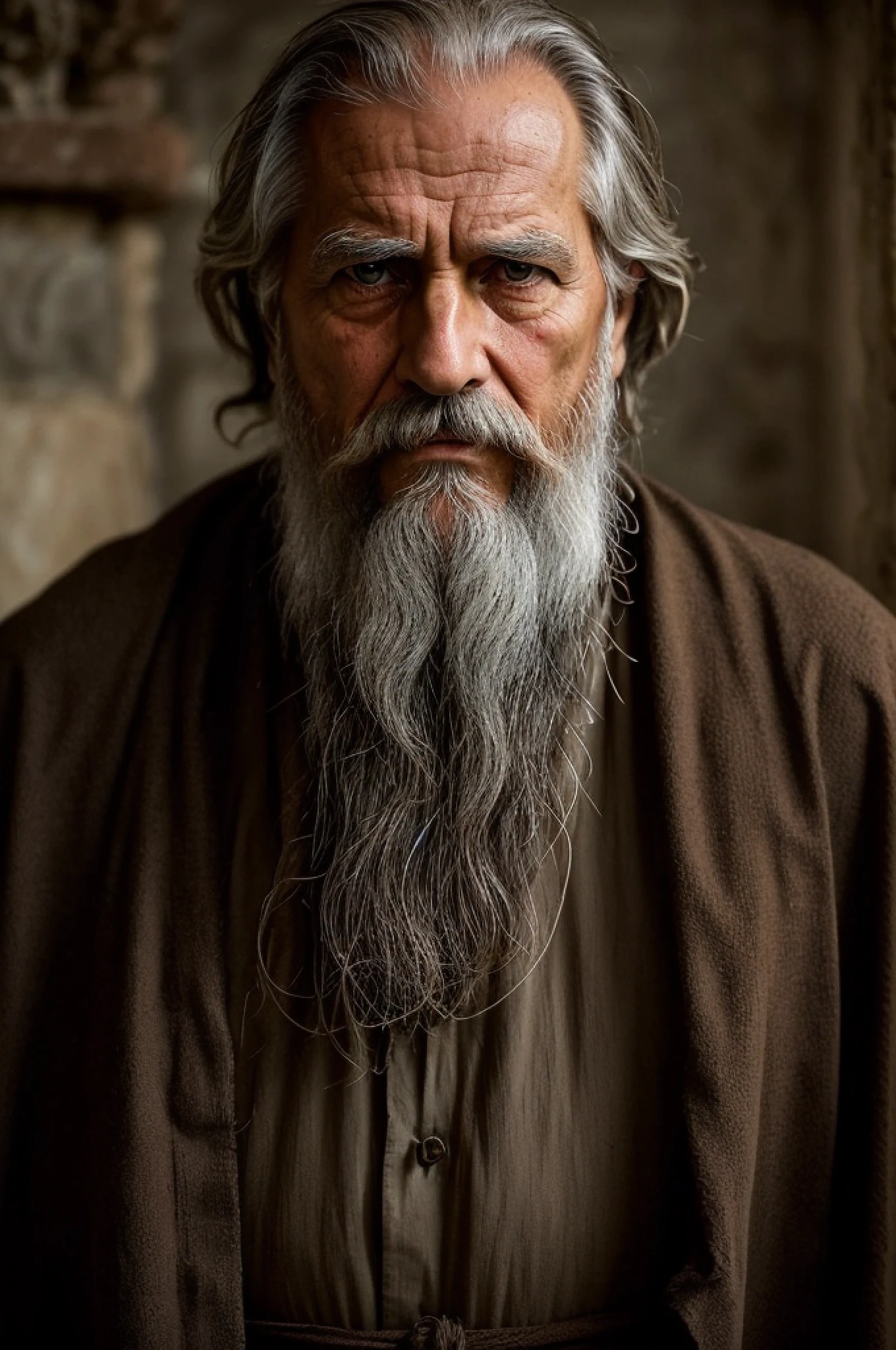 (((hd close up photo))), one standing Xenofon Serafim looking at camera, Diogenes of Sinope, an ancient Greek philosopher who lived around 412 or 404 BC – 323 BC, is often depicted in various ways in historical artworks and writings. However, it's important to note that no accurate and detailed description of his physical appearance exists from his time, and much of what is known has been passed down through anecdotes and later writings.

**Face:**
Diogenes is often portrayed with a weathered and contemplative expression on his face. His countenance reflects his philosophical disposition and his tendency to ponder the deeper questions of life. His brow might be slightly furrowed, showing his intense thoughtfulness.

**Hair:**
He is commonly shown with unkempt and disheveled hair that falls to his shoulders or even beyond. His hair might appear to be a mix of grays, whites, and perhaps some remaining darker strands, indicating his age and a life spent outdoors.

**Beard:**
Diogenes is known to have had a long and unruly beard, which adds to his appearance of a philosopher detached from societal norms. The beard might be somewhat patchy and uneven due to his simple lifestyle.

**Eyes:**
His eyes are often depicted as deep and penetrating, reflecting his keen insight and sharp intellect. They hold a sense of curiosity and skepticism, showcasing his critical approach to conventional wisdom.

**Skin Color:**
As an ancient Greek, Diogenes would likely have had a light to olive skin tone, typical of Mediterranean populations of that era.

**Clothing:**
Diogenes is famously associated with minimal clothing, if any at all. He is often depicted wearing a simple and worn-out cloak made of rough fabric, draped haphazardly over his shoulders. The color of the cloak could be depicted as a faded brown or gray, reflecting its age and the hardships of his lifestyle. The cloak might have visible tears and patches, indicative of his disregard for material possessions. --auto