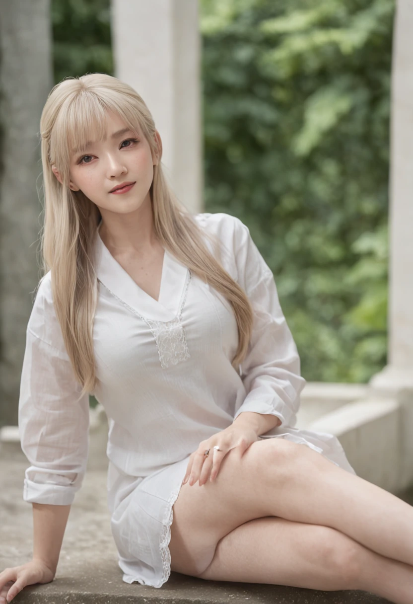 (masterpiece:1.2, best quality), (real picture, intricate details), 1lady, solo, sitting down, showing legs, showing feet, showing soles, long hair, minimal makeup, natural fabrics, close-up face, smirk, mischievous face, bare feet, feet on camera, long light platinum blonde hair, bangs, Korean bangs, bangs on forehead, green eyes, school uniform, school t-shirt, school skirt, pleated skirt, big breasts, bis tits, mature body, mature face, detailed face, correct foot anatomy, feet anatomy, sexy foot, feet pointing at viewer, foot, soles, detailed feet, correct foot anatomy, soles, sitting down.