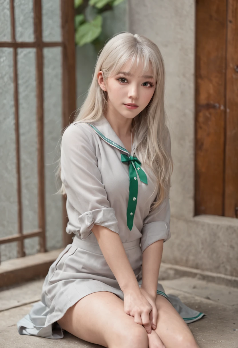 (masterpiece:1.2, best quality), (real picture, intricate details), 1lady, solo, sitting down, showing legs, showing feet, showing soles, long hair, minimal makeup, natural fabrics, close-up face, smirk, mischievous face, bare feet, feet on camera, long light platinum blonde hair, bangs, Korean bangs, bangs on forehead, green eyes, school uniform, school t-shirt, school skirt, pleated skirt, big breasts, bis tits, mature body, mature face, detailed face, correct foot anatomy, feet anatomy, sexy foot, feet pointing at viewer, foot, soles, detailed feet, correct foot anatomy, soles, sitting down.