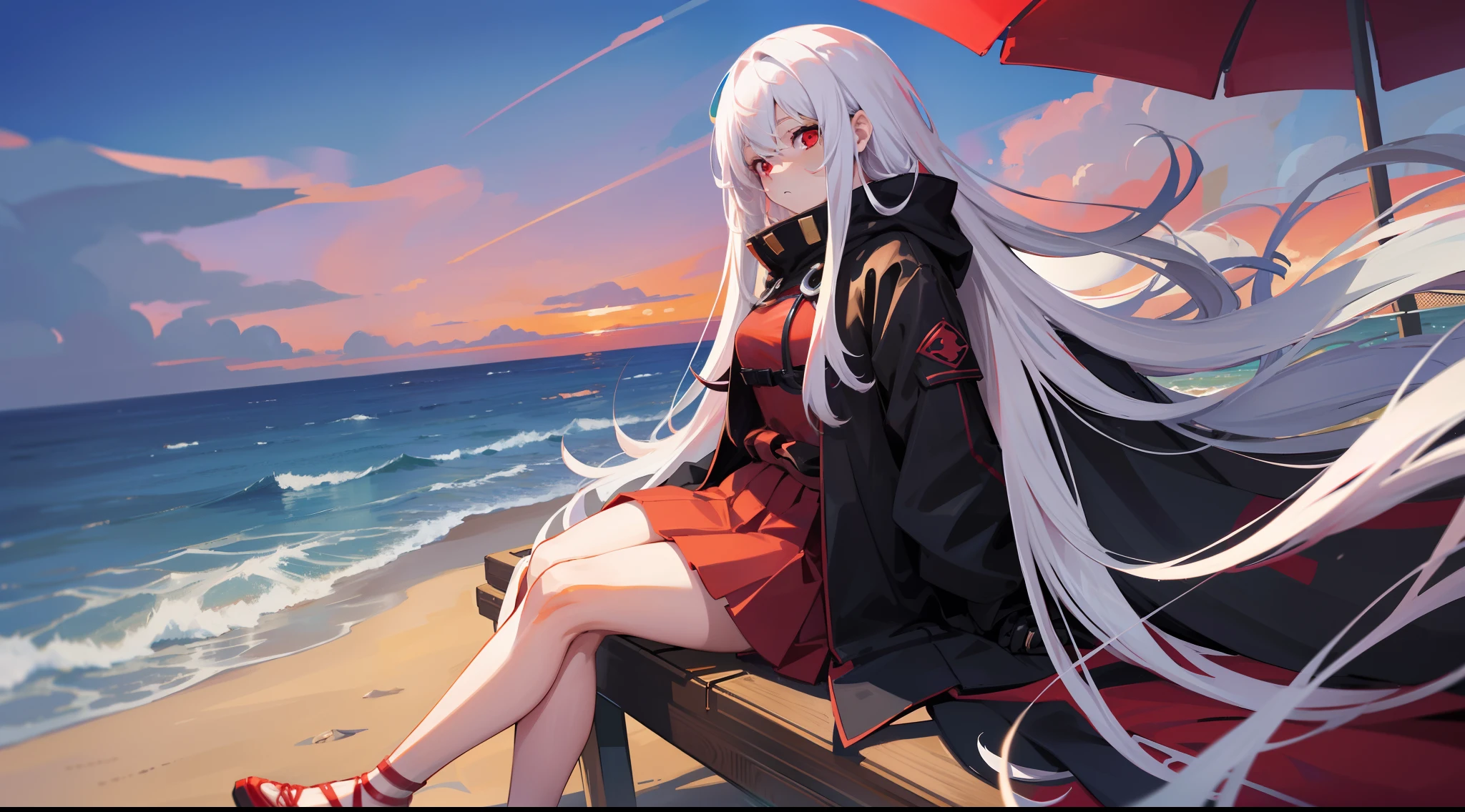 Long white hair, Red eyes, Wear pleated skirts, dressed in a black coat,Inside is a red swimmer, Plump body, An anime character, Only one person,Sitting on the beach and looking at the seaside