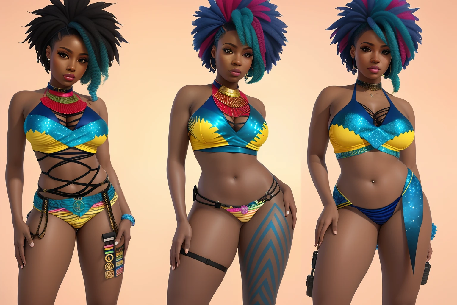 Three women in bikini and tie posing for photo, epic 3 d oshun, Estilo afrofuturismo, Realistic bikini, Afrofuturista, afro - estilo futurista, anime afrofuturismo |, Futurismo Afro, Anime estilo 3D, deviantart artstation cgscosiety, Afro Futurista, 3 d render stylized, Cores da Jamaica, epic 3 d yemaya, Afrofuturista