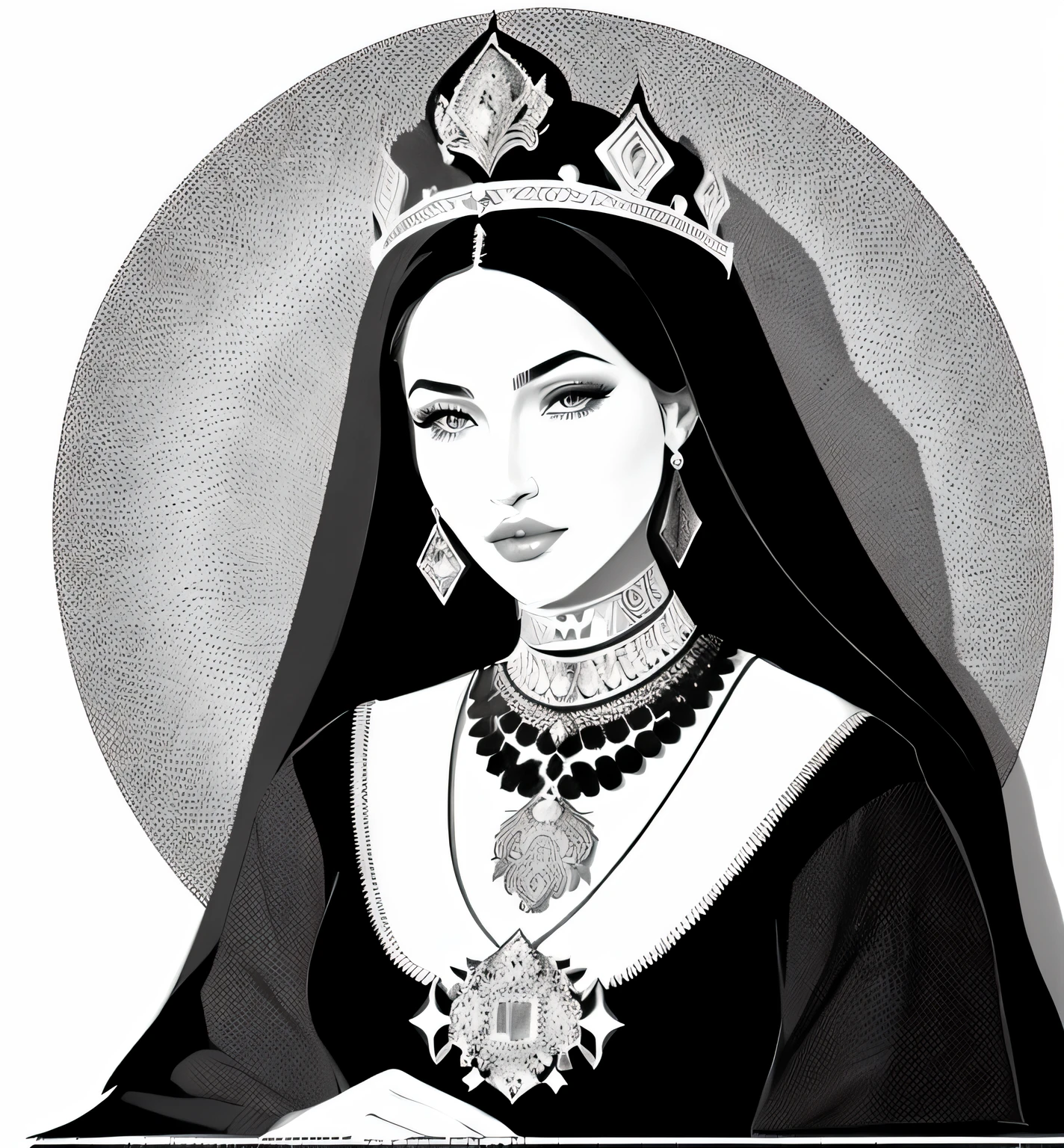 Illustration of a woman, Ancient Princess Libu, The Persian Queen, a beautiful fantasy empress, Arabian princess, The Persian Princess, Kazakh Empress, Sorceress Maya Ali, black & White Vector Graphics, portrait of a princess, Portrait of Megan Fox as Queen, gothic princess portrait, Indian Empress, Indian Princess, medieval princess