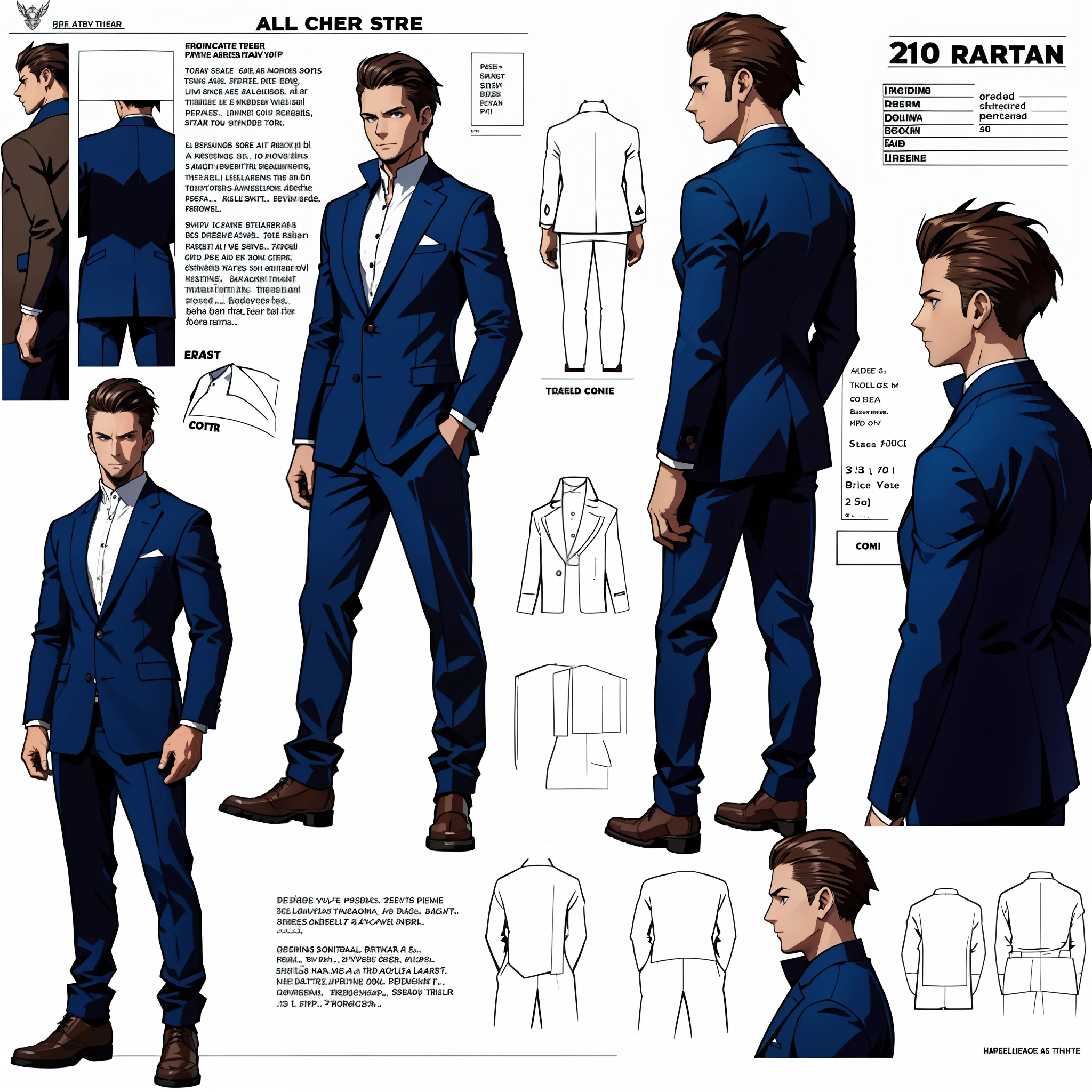 A detailed character sheet, frontal view, side view, three-quarter view, with a white background, showing a man, 30 years old, with short dark brown hair combed back, wearing light casual attire. The sheet includes various angles, such as frontal, back, and side views, as well as a model sheet and reference sheet, all featuring a full-body depiction. The proportions are based on a scale of 6 and a half heads.