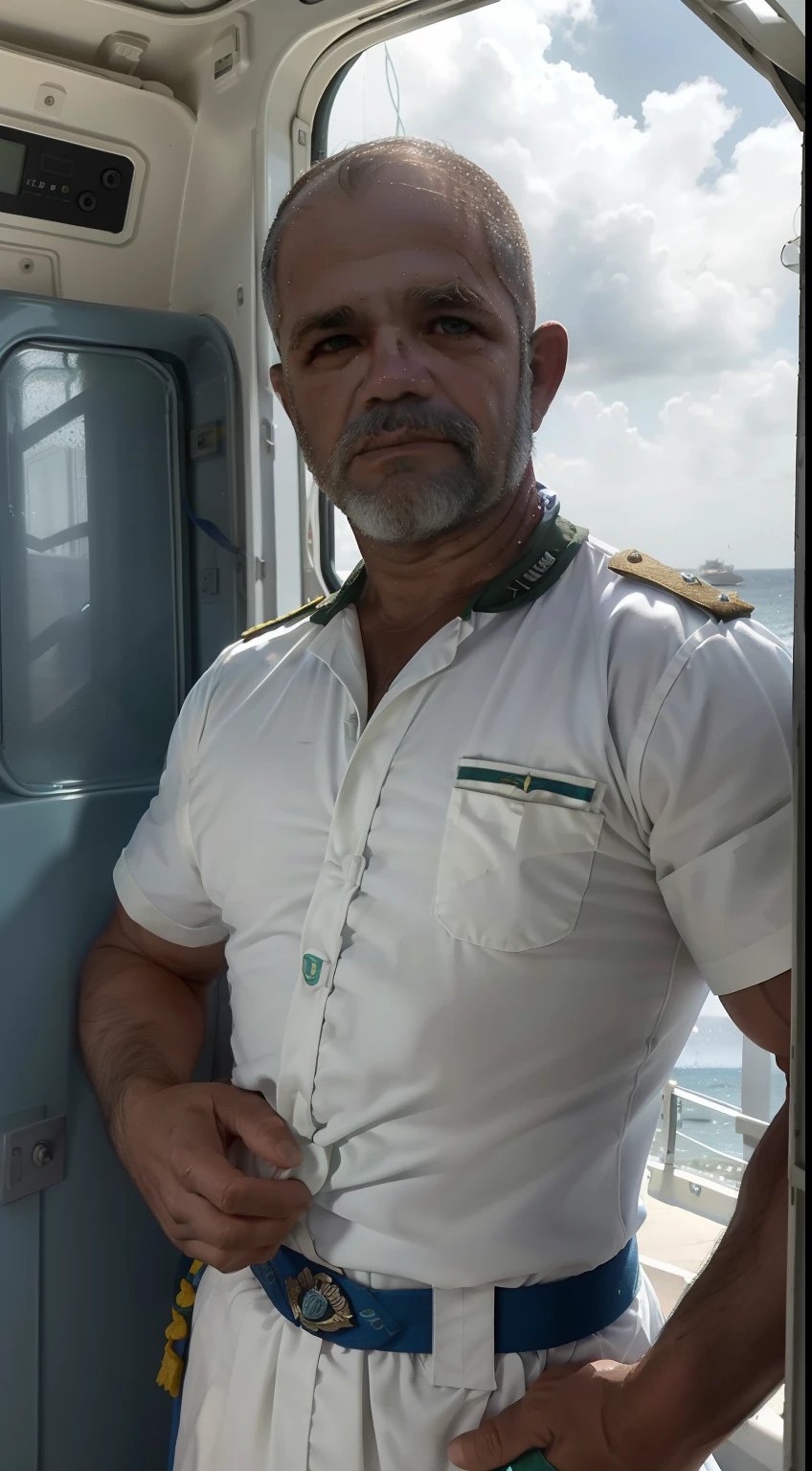 DClark; Um militar da Marinha do Brasil, , (((cabelos loiros))), olhos azuis, (((usando fardamento branco da Marinha do Brasil))), dentro do navio que navega em alto mar