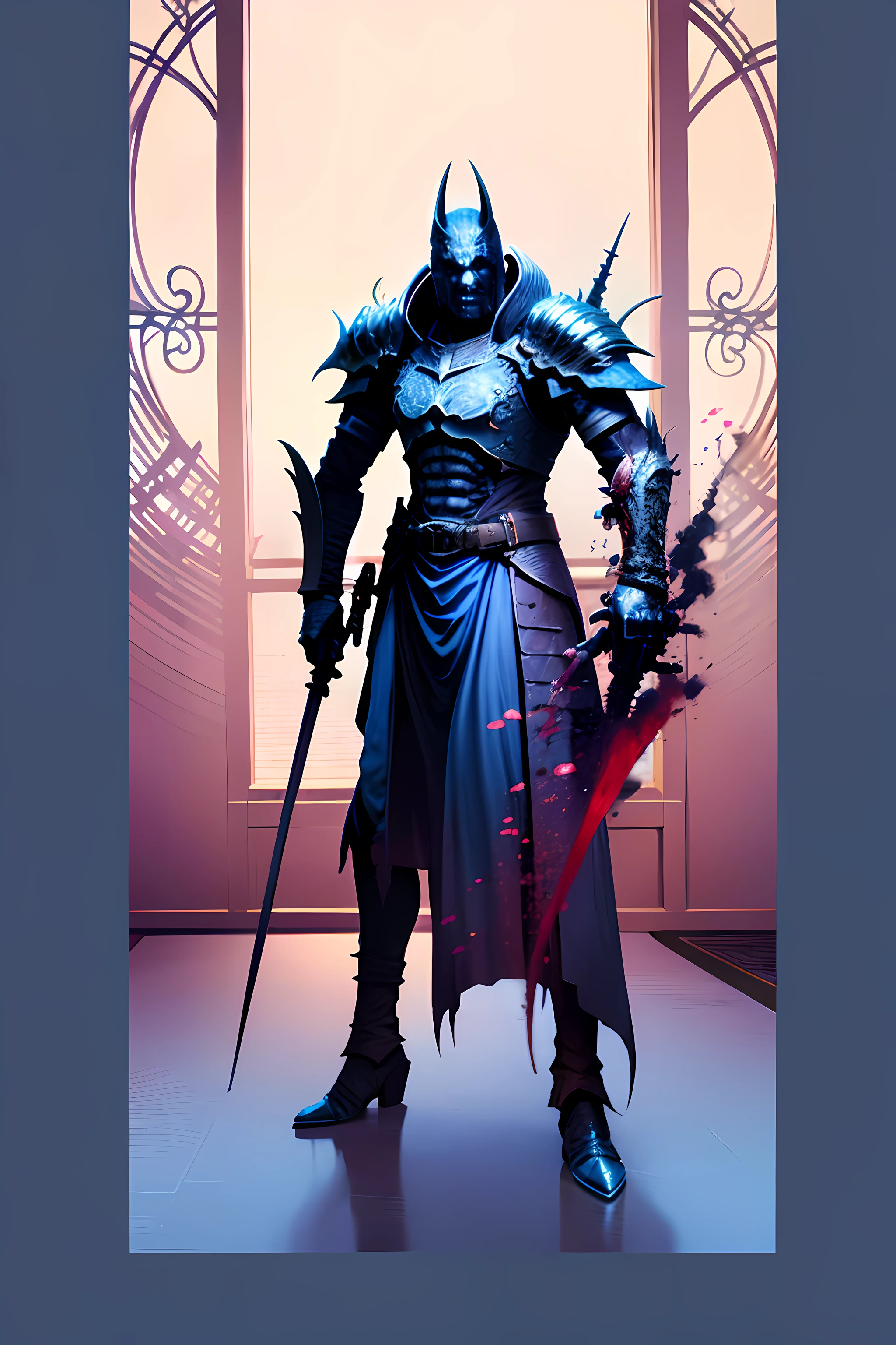 a dark knight with a sword standing in front of a window, concept art by Yang J, Artstation contest winner, fantasy art, dark fantasy style art, beautiful male god of death, deathknight, blood knight, death knight, epic fantasy art style, epic exquisite character art, epic fantasy style art, rossdraws sakimimichan, anime epic artwork