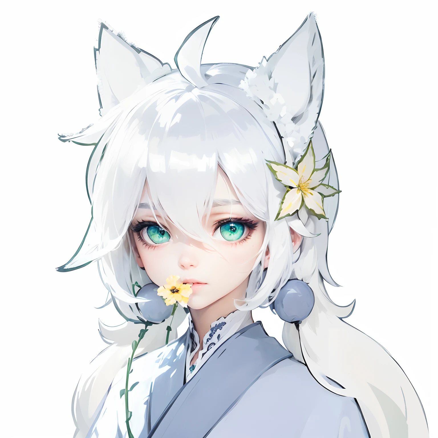 best qualtiy, tmasterpiece, White hair, green-eyed, A girl,Realistis, Floating hair, Snowy,, Detailed face, winter, Sunshine,Yellow flower headdress,dual horsetail,parfait,photorealestic