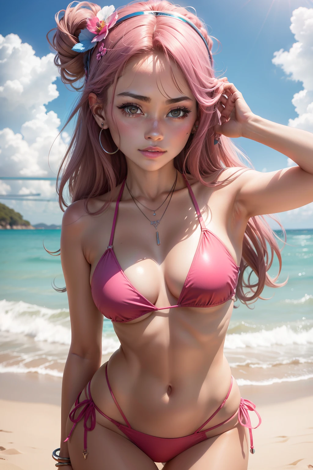 Un primer plano de una  hermosa mujer, bikini con un top triangular rosa, Bikini de metal, electronic bikini, tiny bikini, bikini en tiras.