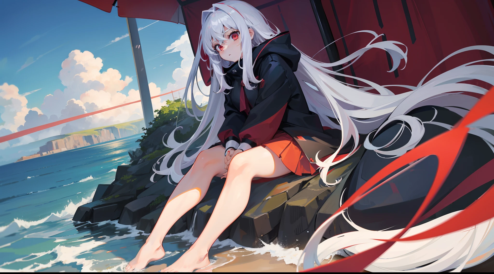 Long white hair, Red eyes, Wear pleated skirts, dressed in a black coat，Inside is a red swimmer, Plump body, An anime character, Only one person，Sitting on the beach and looking at the seaside