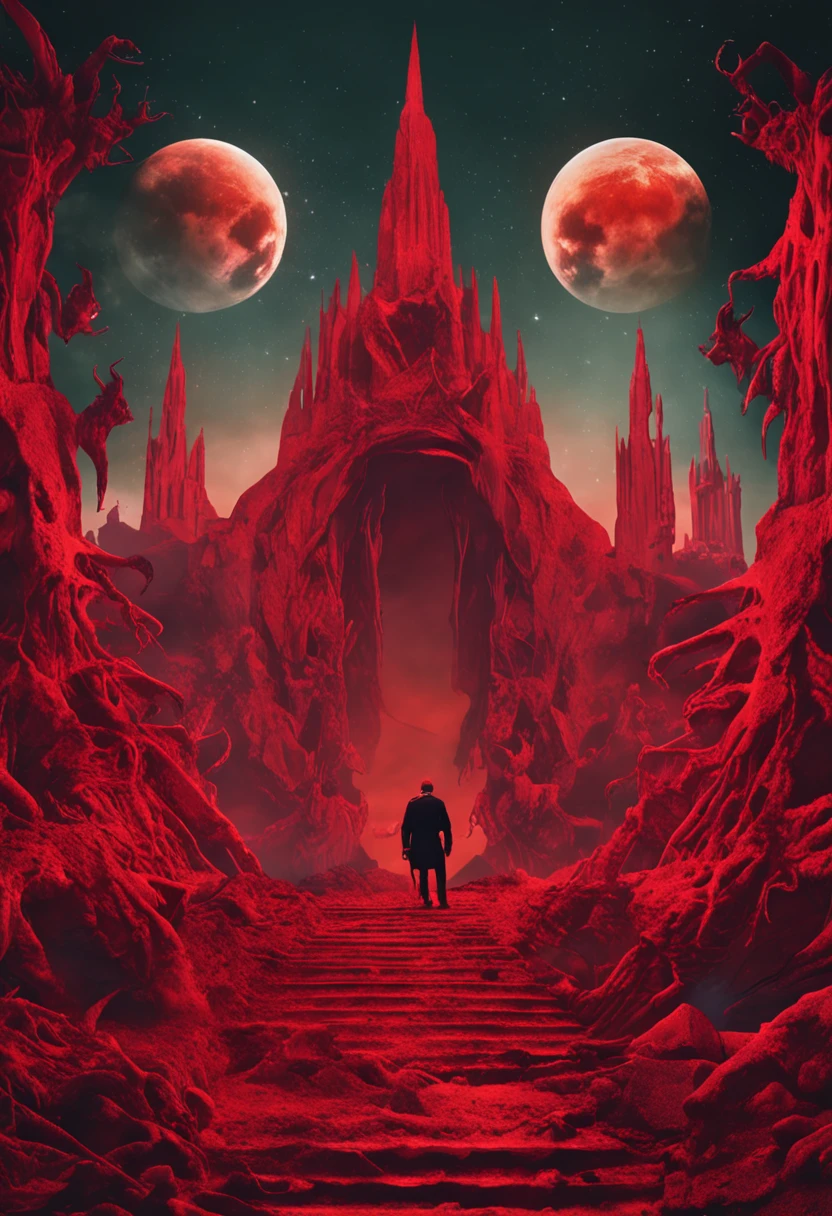 epoc, album cover art, rome, surrealism, futuristic ,satan, coral, wizard, abstract, dark, red, hell, landscape, eclipse, ghost, soul, universe, horror, lovecraft, dog, gore, half dog, eptic, HdA, glob