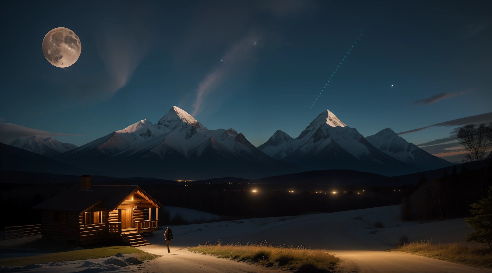 a serene nighttime setting in the countryside, where a lone figure is walking along a dirt road. The individual, with a backpack, is moving away from the camera, creating a feeling of solitude. The sky above is dark and enchanting, with a crescent moon casting a soft glow. In the distance, a mountain range and a dense forest provide a serene backdrop. A rustic wooden cabin, adorned with lights, stands peacefully in the background. The scene is further enriched by a flock of birds soaring gracefully through the dark sky.