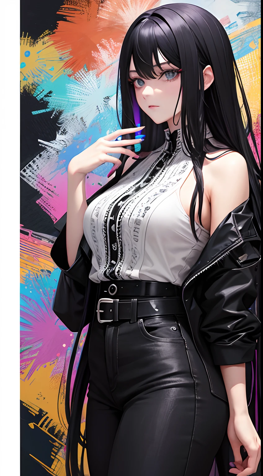colorful,highest detailed, woman with long black messy beautiful hair serious eyes, dull eyes, dead inside, gray eyes, beautiful, majestic, wearing casual clothes, evil