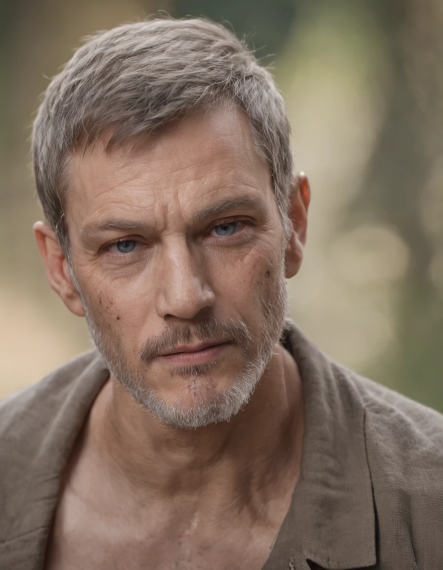of a real,The facial features are meticulously depicted,Realistic skin texture,Uncle Beard,There is a scar on his face,closeup cleavage,head portrait,Pout,Blue eyes,Short-cut hair of maroon color,depth of fields,dynamic blur,high light,Real light,Ray traching,oc rendered,Hyper-realistic,best qualtiy,8K,Works of masters,super-fine,Detailed pubic hair,Correct anatomy,sharp focus on eyes,Bokeh,Facial features are carefully depicted