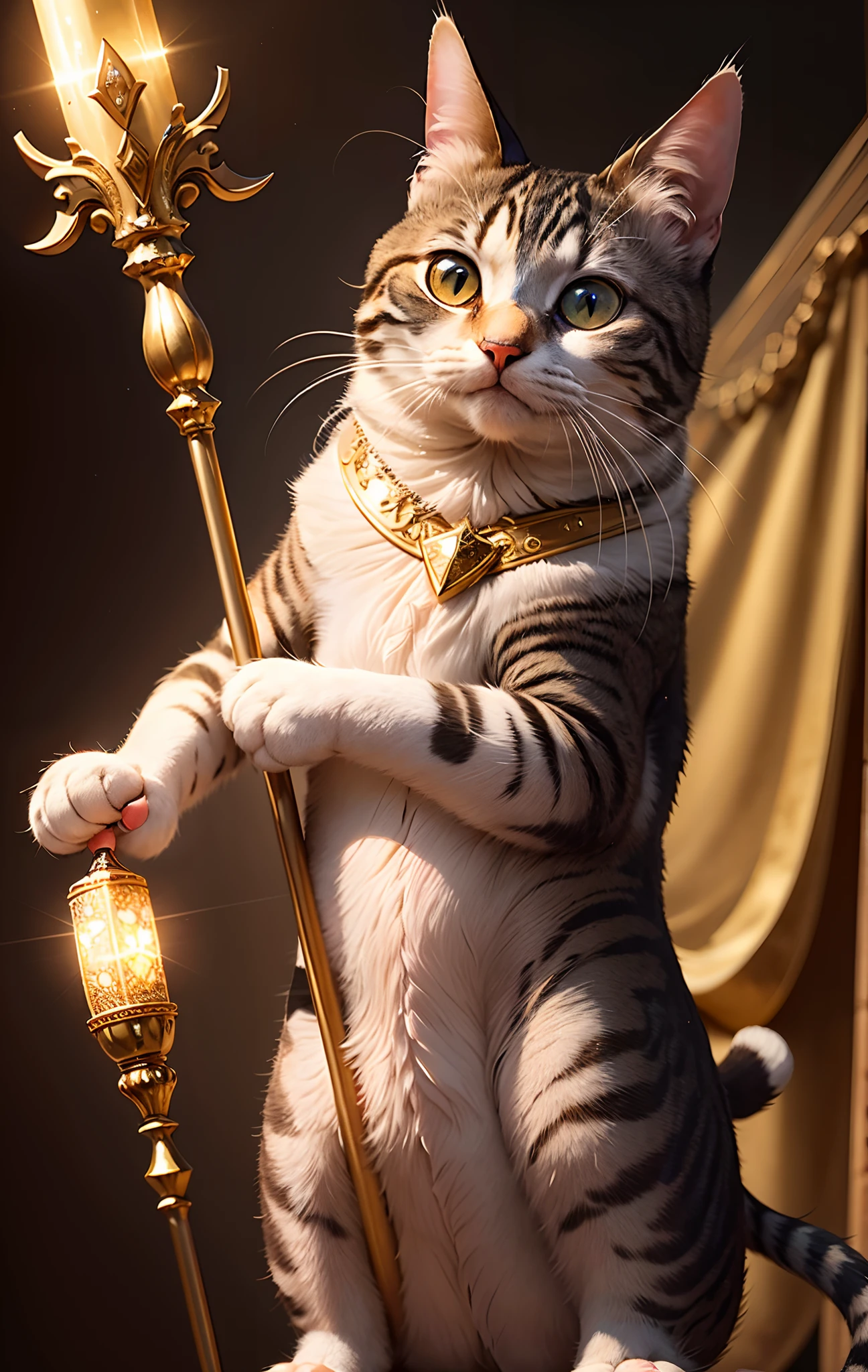 A cat holds a scepter，The top of the scepter is inlaid with gold in the shape of a hand with a middle finger