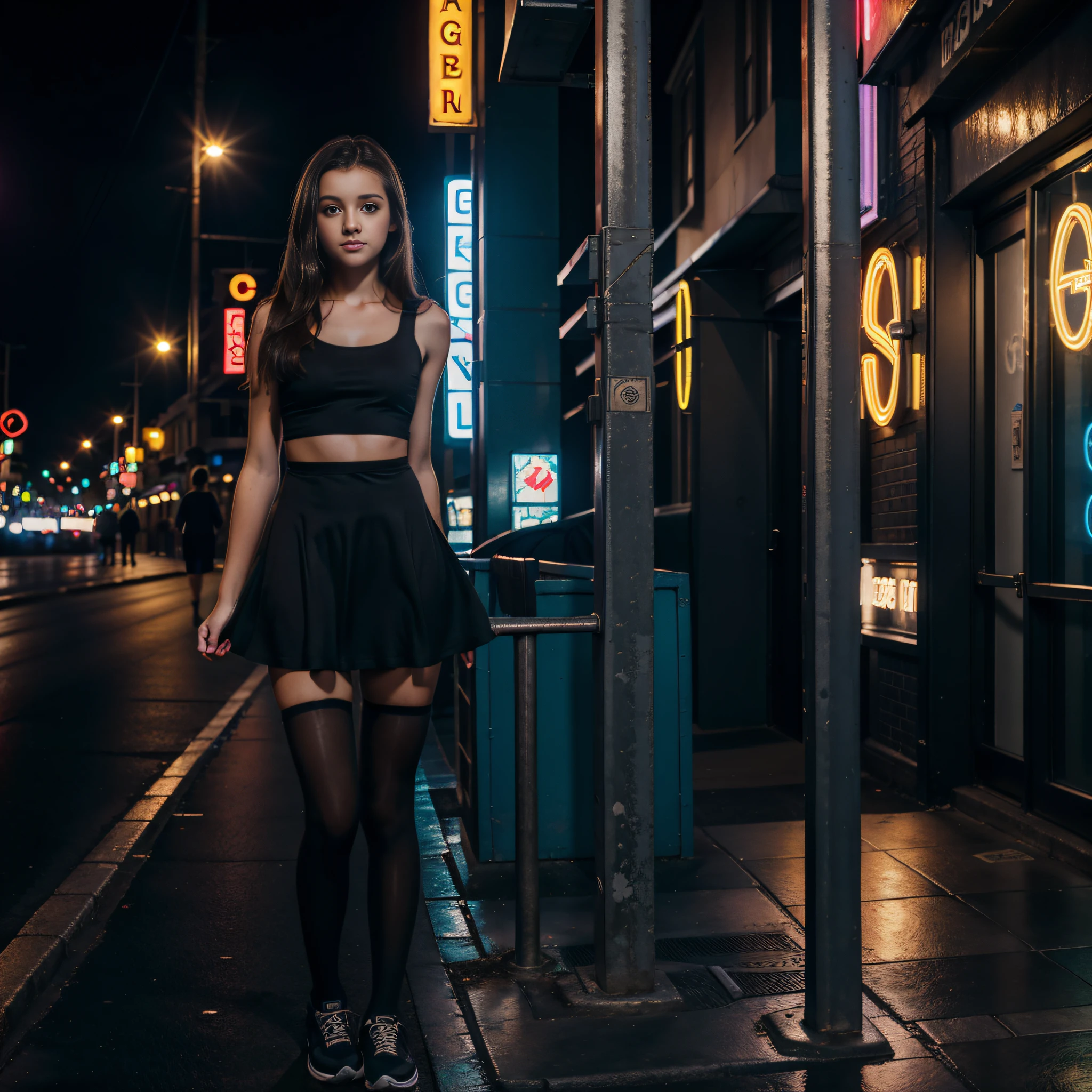 ((pre-teen)), dress, tights, high balance, petite body, brunette, natural light, hyperrealistic, HDR, 8K, best quality, high resolution, street at night, with bars and neon lights