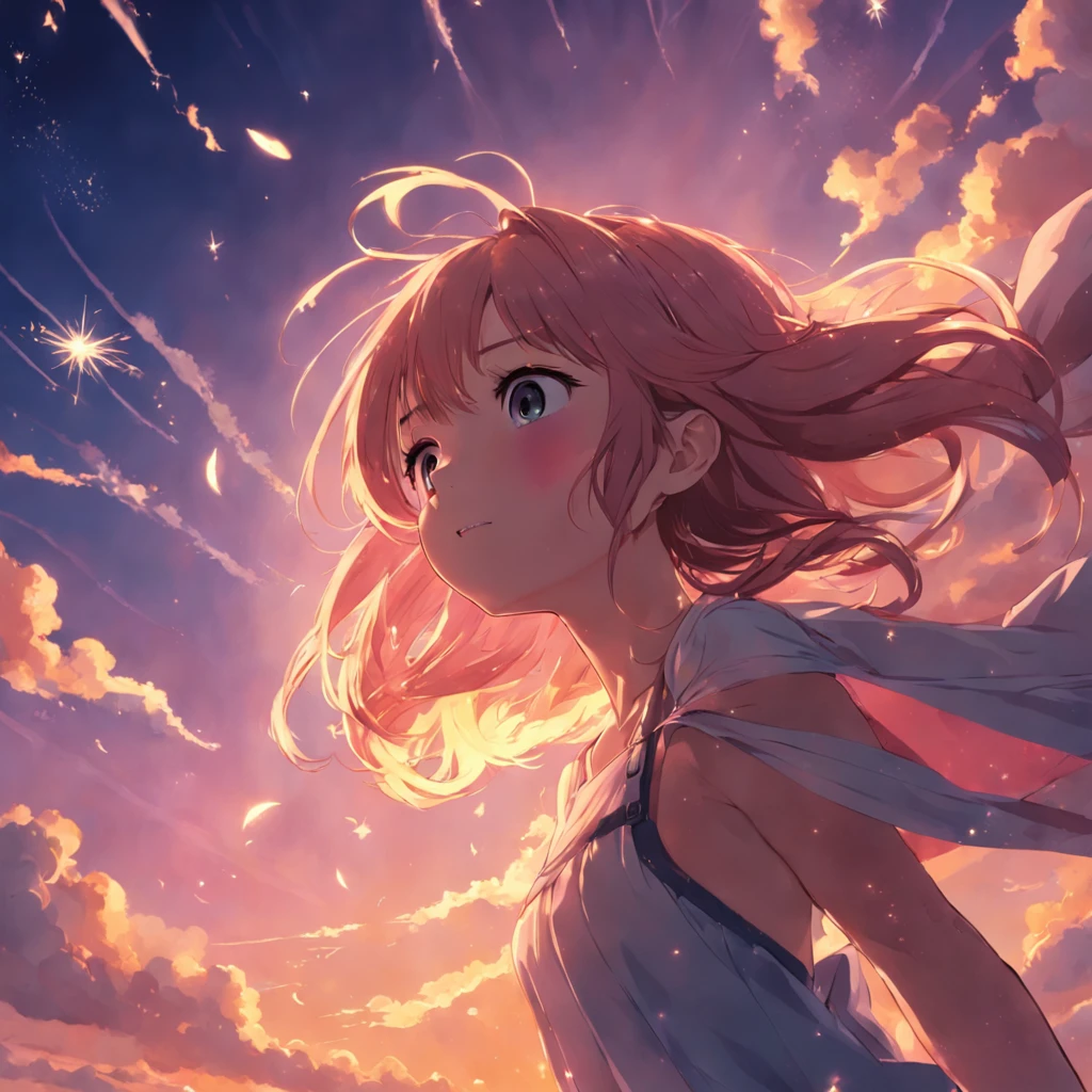 obra-prima, melhor qualidade, filme ainda, 1girl, garota nuvem, floating into the sky, close-up, brilhante, feliz, Soft lighting and Warm, sun sunset, pelada, buceta rosa, (Sparks: 0,7)