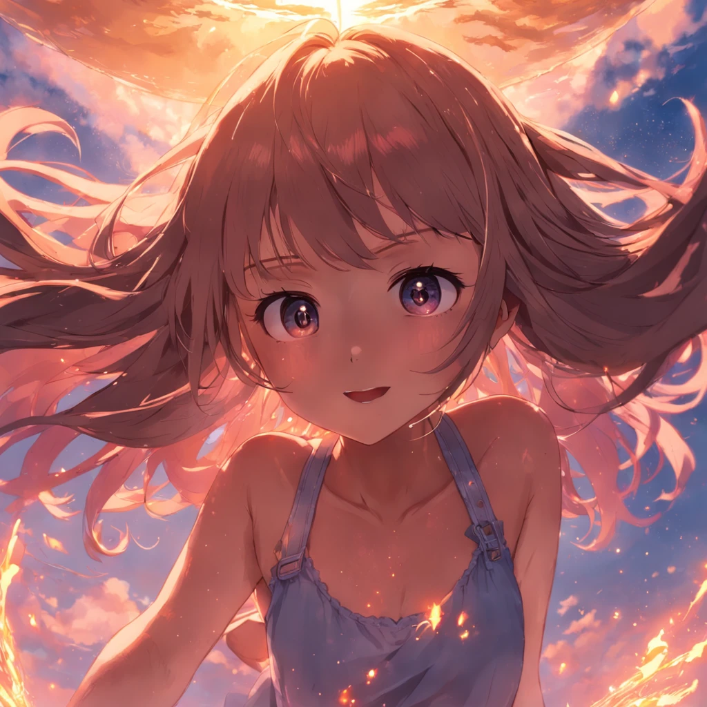 obra-prima, melhor qualidade, filme ainda, 1girl, garota nuvem, floating into the sky, close-up, brilhante, feliz, Soft lighting and Warm, sun sunset, pelada, buceta rosa, (Sparks: 0,7)