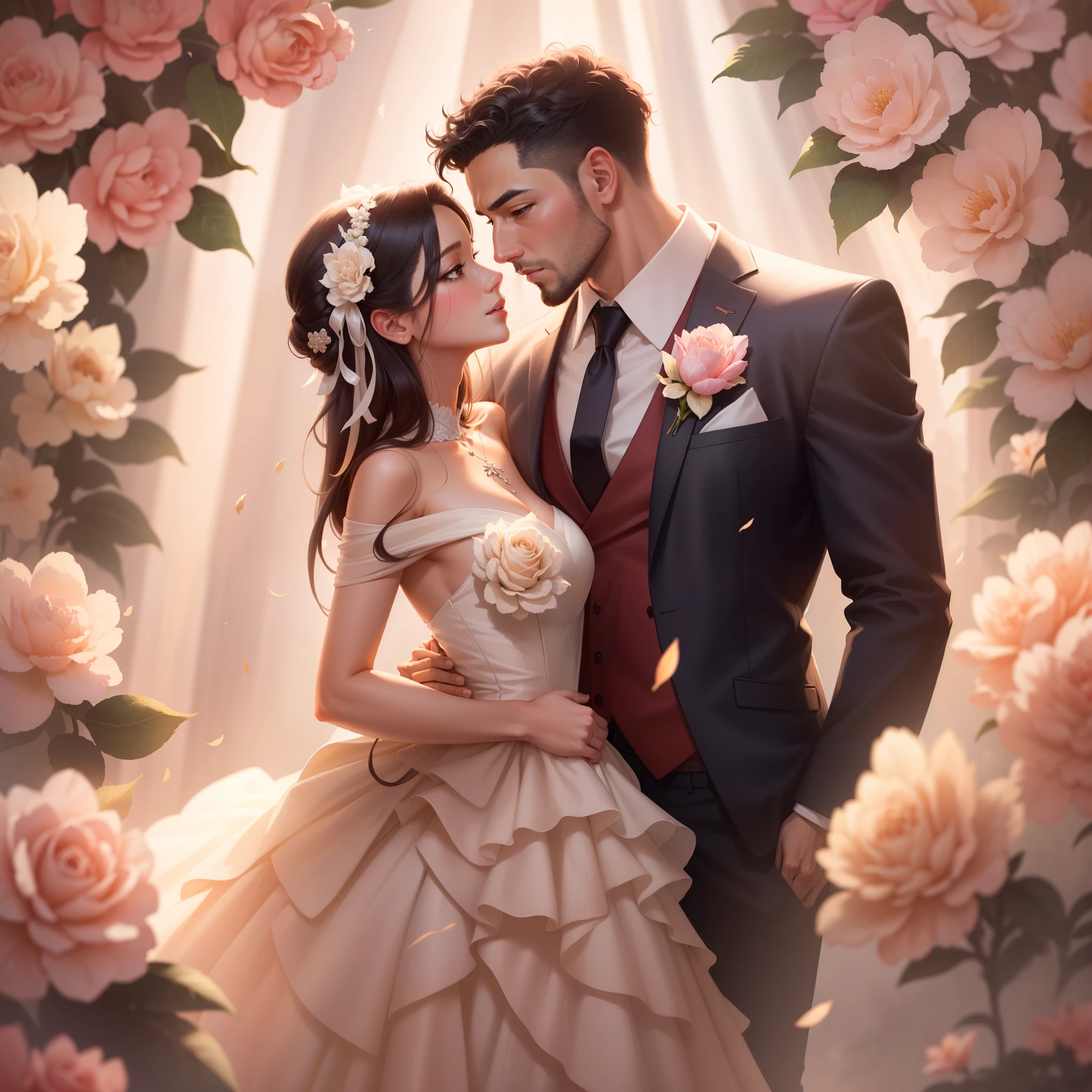 there is a man and woman in a wedding dress standing together, rob rey and kentarõ miura style, loish and ross tran, artwork in the style of guweiz, elegant digital painting, wlop and ross tran, rob rey and kentarõ miura, artgerm and atey ghailan, rossdraws digital painting