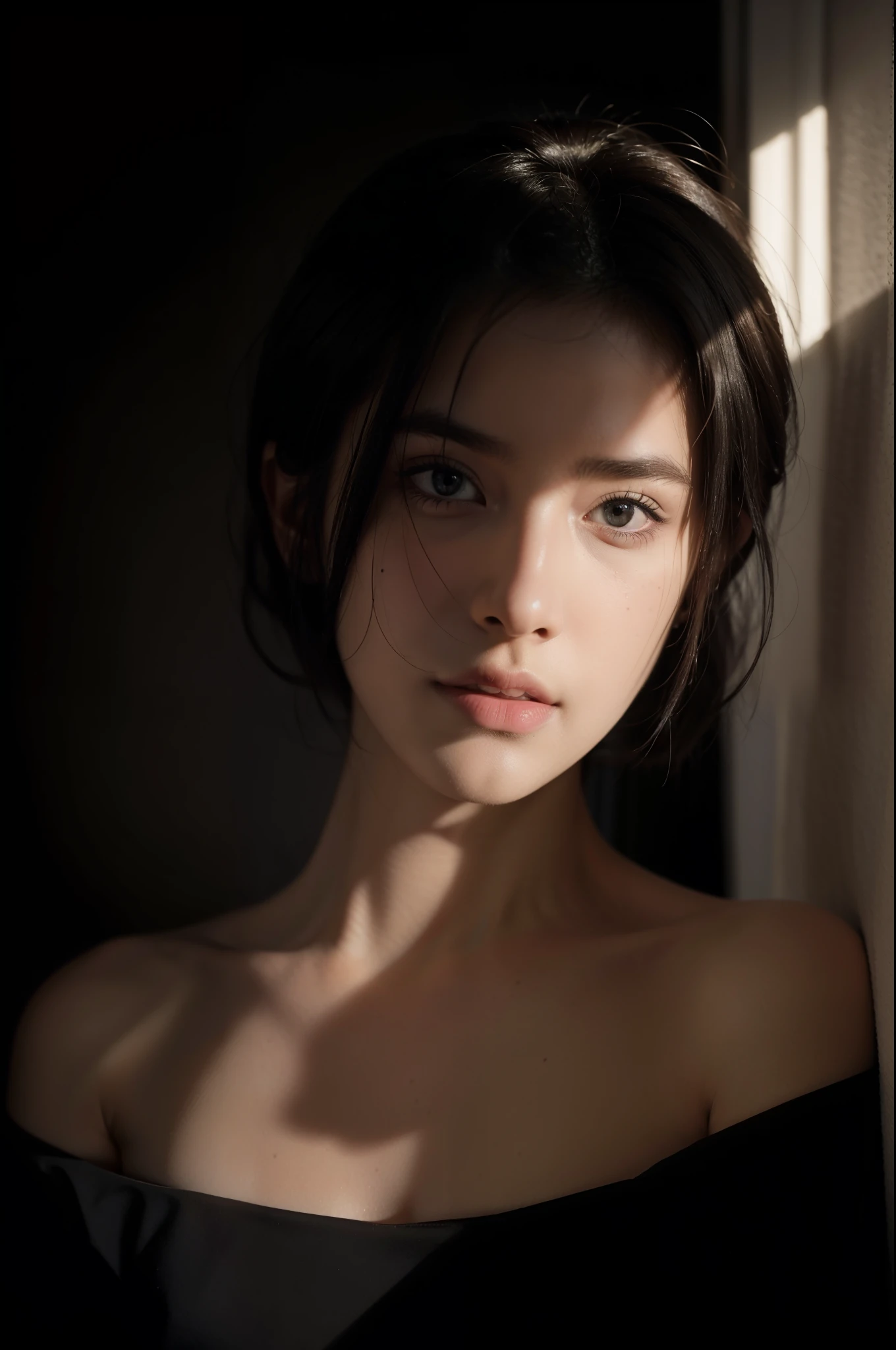 Best quality, masterpiece, ultra high res, (photorealistic:1.5), raw photo, 1girl, offshoulder, in the dark, deep shadow, low key, cold light, sexy look, short hair, (masterpiece:1.2), textured skin, super detail, best quality, 8k, romanticism, realism, movie studio lighting, in the dark, deep shadow, low key, cold light, sexy look, short hair, movie studio lighting