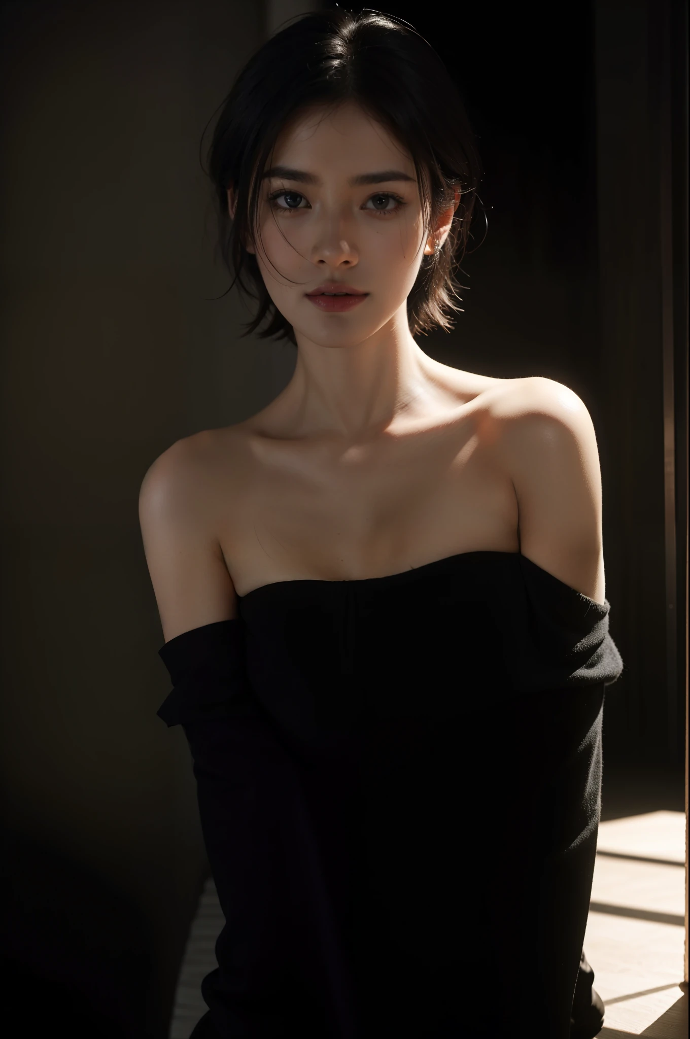 Best quality, masterpiece, ultra high res, (photorealistic:1.5), raw photo, 1girl, offshoulder, in the dark, deep shadow, low key, cold light, sexy look, short hair, (masterpiece:1.2), textured skin, super detail, best quality, 8k, romanticism, realism, movie studio lighting, in the dark, deep shadow, low key, cold light, sexy look, short hair, movie studio lighting