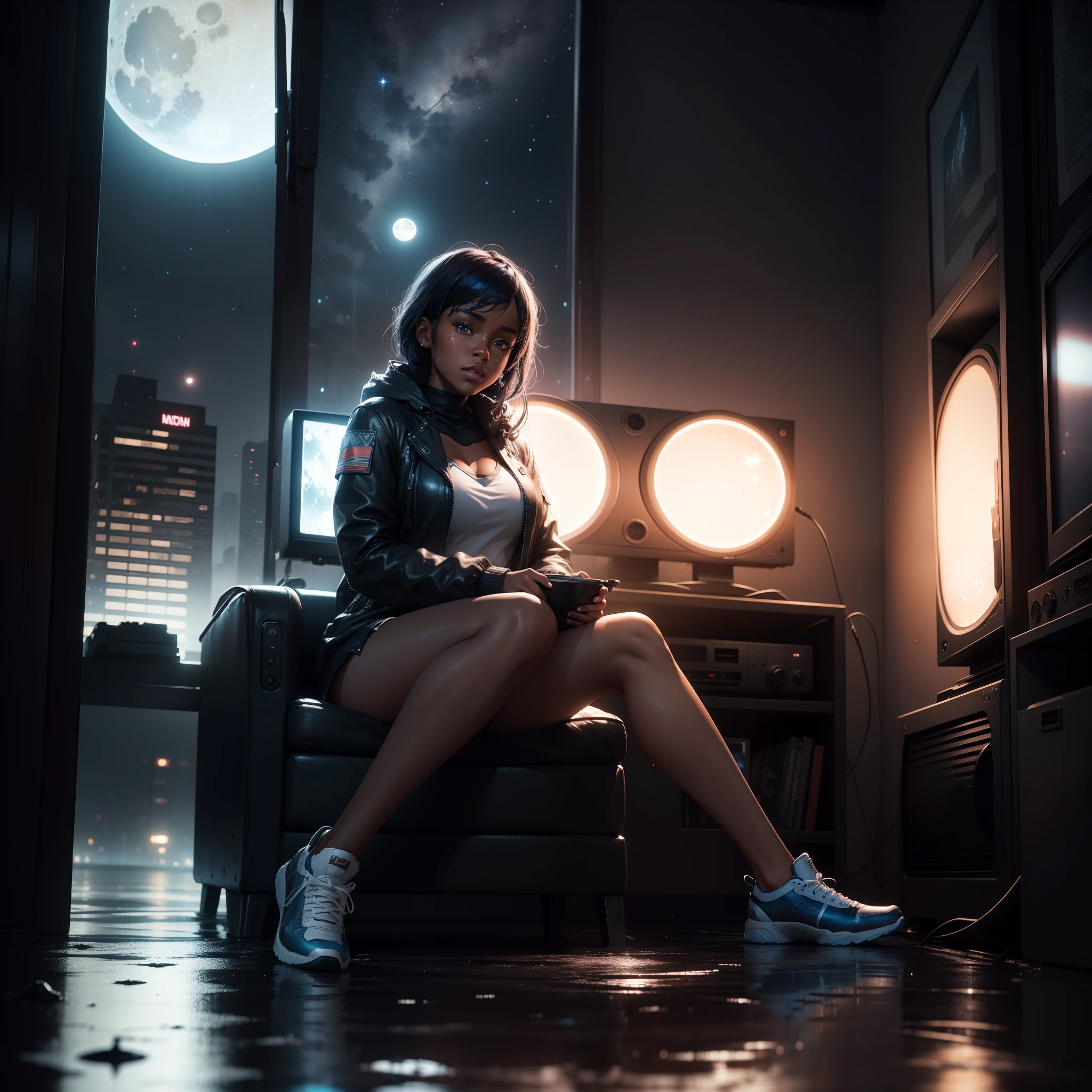 A beautiful black girl sitting inside a television set, television set on a wet surface with puddles of water reflecting the blue moon and night sky full of stars, in a dystopian city, with iridescent light, highly detailed images, vibrant beautiful colours, photorealistic image, 8k, ultra HD, unreal engine rendered, cinematic lighting, artgerm style,