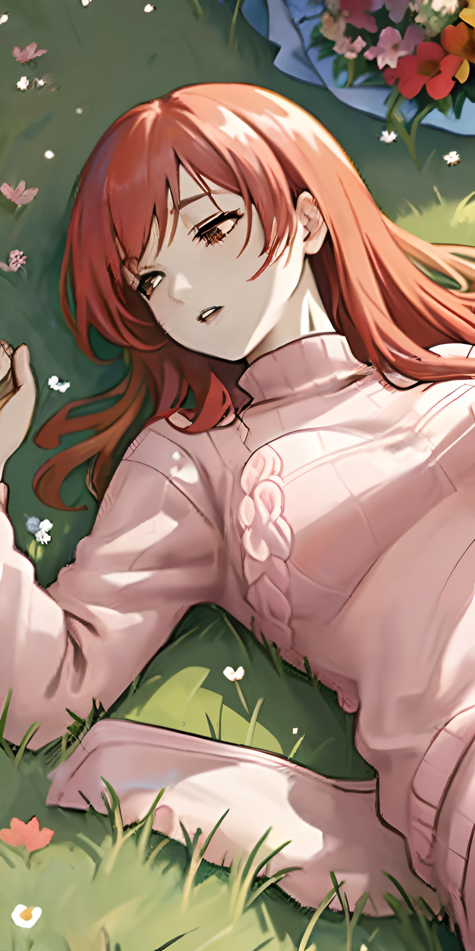 (Flowers), (lying on the grass:1.5), upper-body, redhead hair , Playful fright , pink sweater , Large breasts