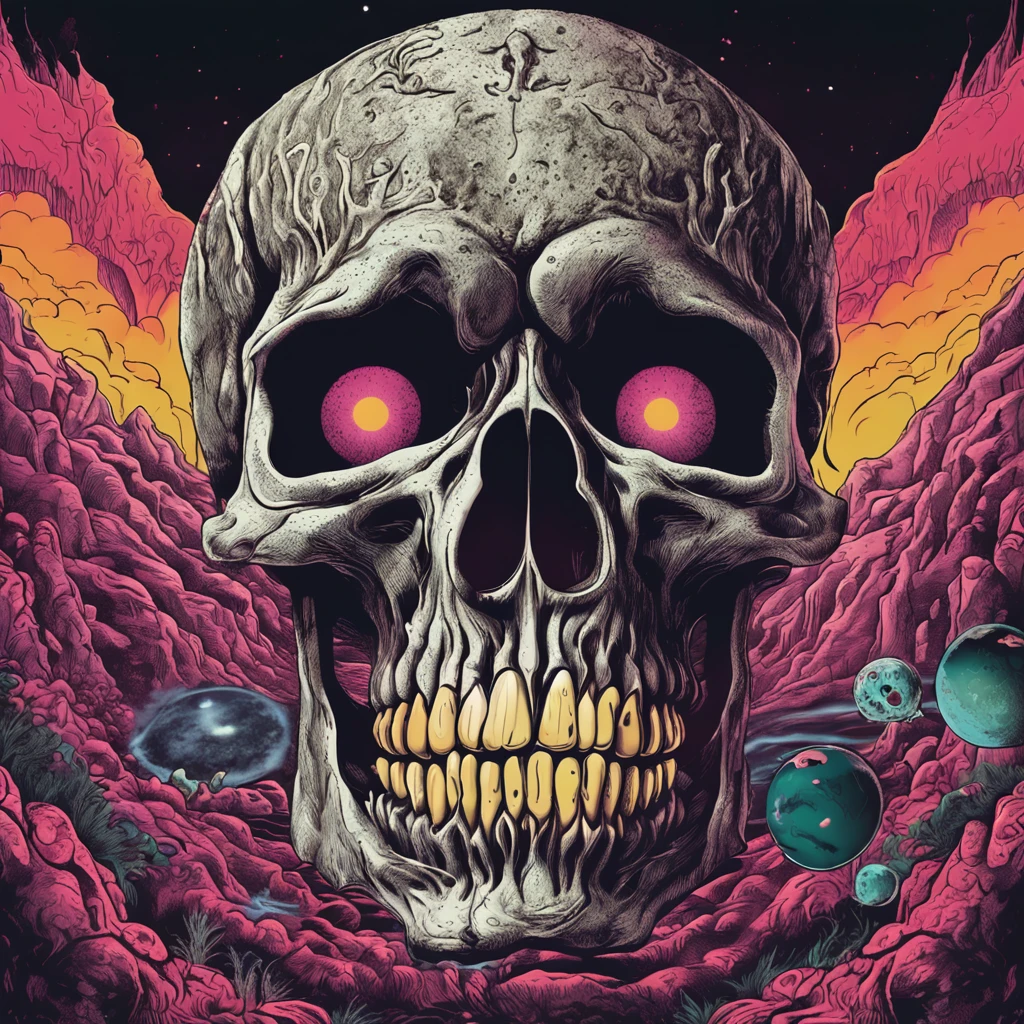 a close up of a skull with a cross on it's forehead, psychedelic cosmic horror, alien skull, alien skulls, cosmic horror style, xray melting colors!!, grainy poster art, nebula with the shape of a skull, morphing skulls, blacklight poster, a skull of an alien creature, skull design for a rock band, jen bartel