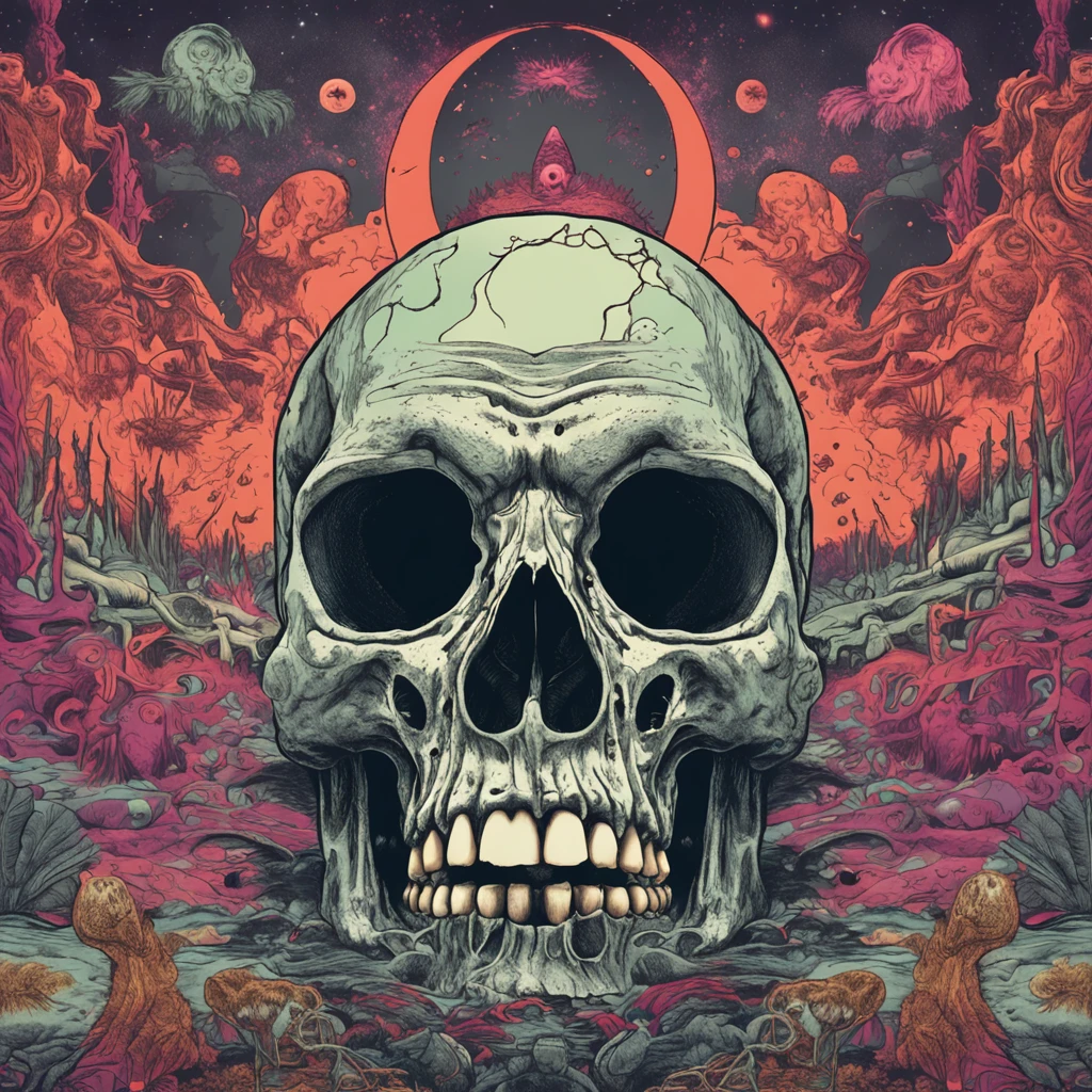 a psychodelic skull in lsd with 3 eyes, demonic, horror, album cover art, surrealism, futuristic, satan, coral, desaturated, dark, hell, landscape, universe