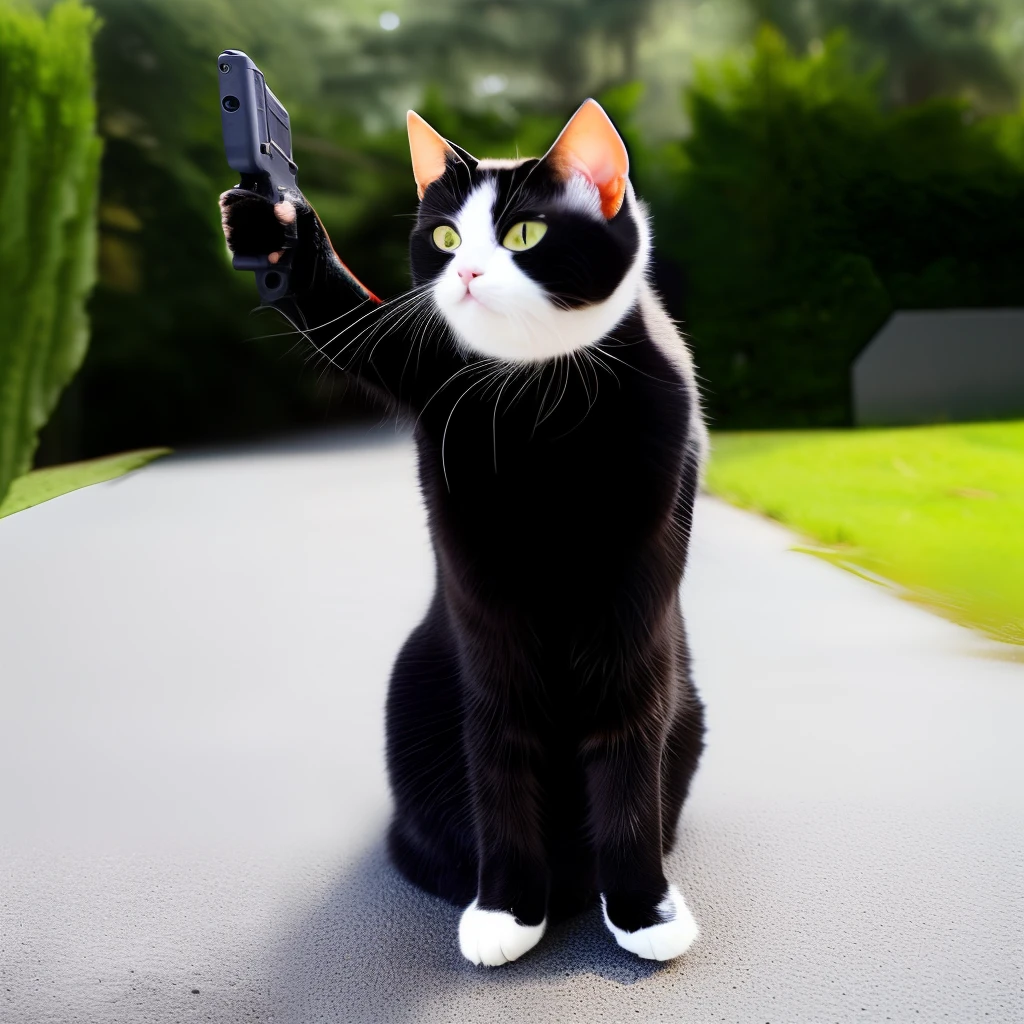 A cat holds a gun and points it at the camera。