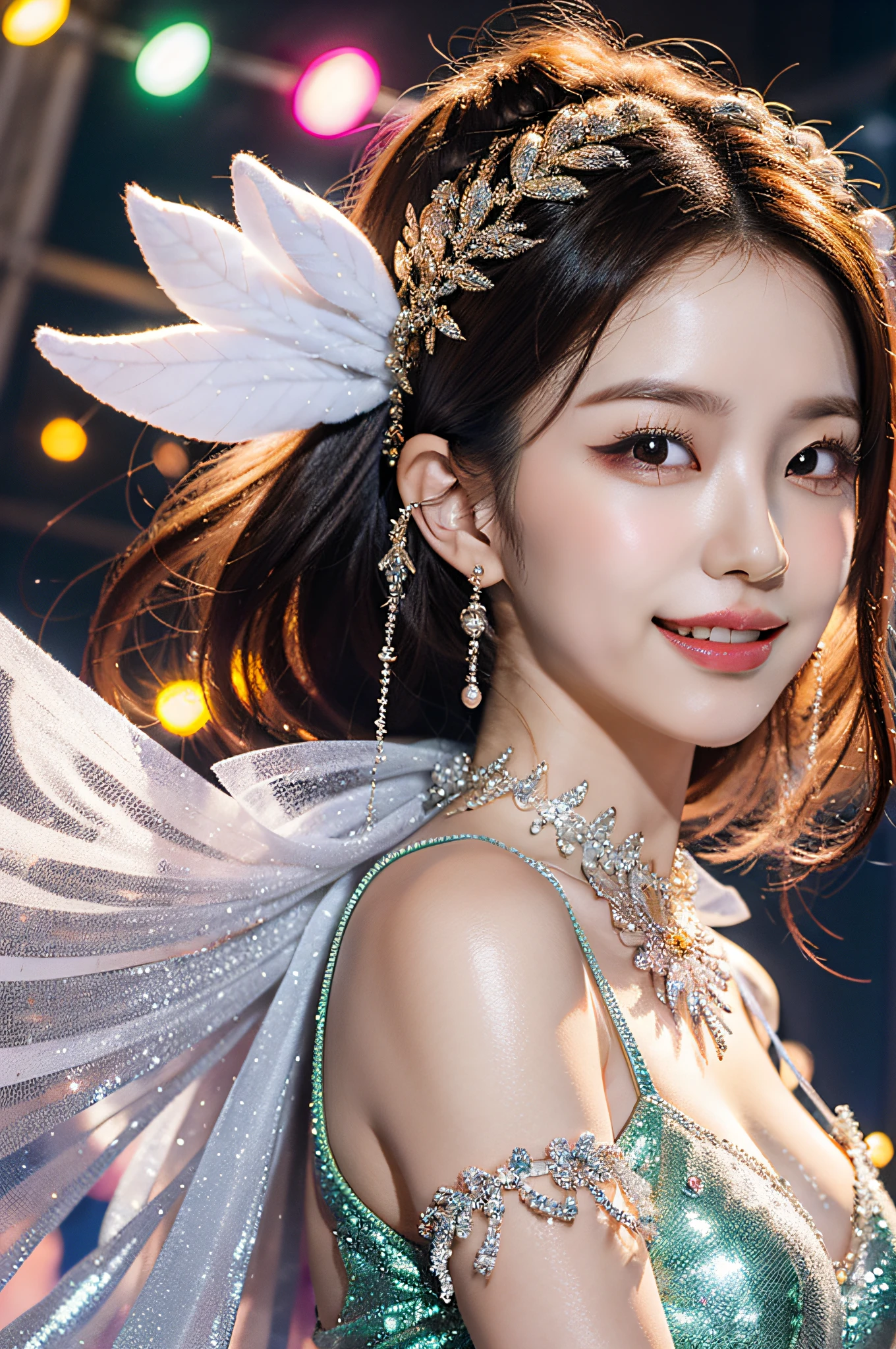 Cowboy Shots、Shot from below、ファッションショーのRunwayで、Beautiful and elegant fashion model、Smiling with a captivating expression、wave hands、A fluffy rainbow-colored fairy-inspired costume、Big butterfly wing gimmick、tiara、necklace、bracelet、Earrings、accessories、gem、Fairy Makeup、Ideal body type、Gorgeous detailed face、Delicate facial features、Beautifully detailed eyes、Long and detailed eyelashes、Elegant and graceful pose、Long, flowing, detailed hair、Smooth and detailed skin、Very detailed、high quality、Real、Studio Lighting、Professional Fashion Photography、Dramatic lighting、Dynamic pose、Runway、Behind the Scenes、Charm、Tempting、Provocative、Impression、Bold、Sophistication、audience