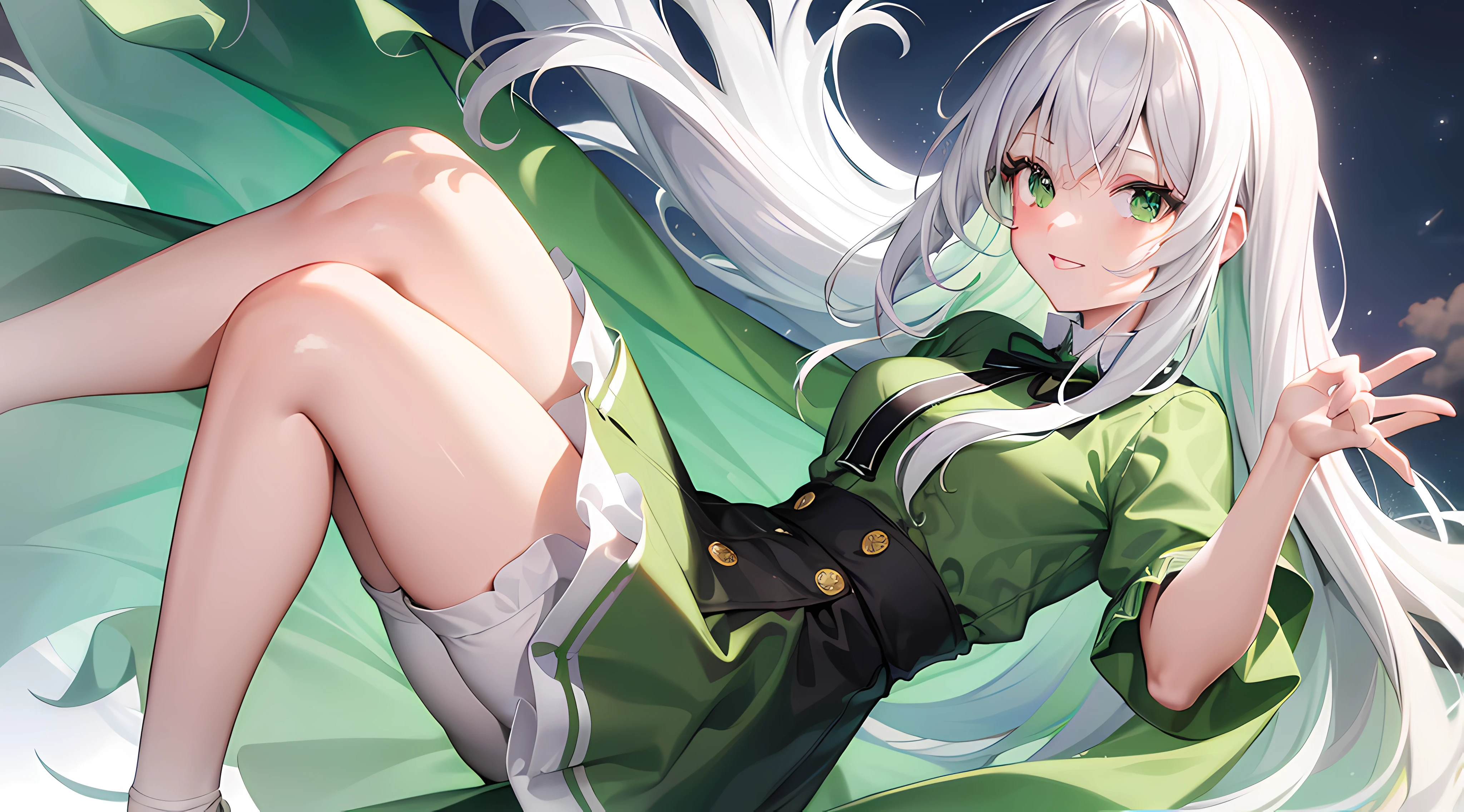 1girl, white hair, gradient hair, green hair, smile, night, green shirt, white pantyhose, looking at viewer, solo, green eyes, skirt, long hair