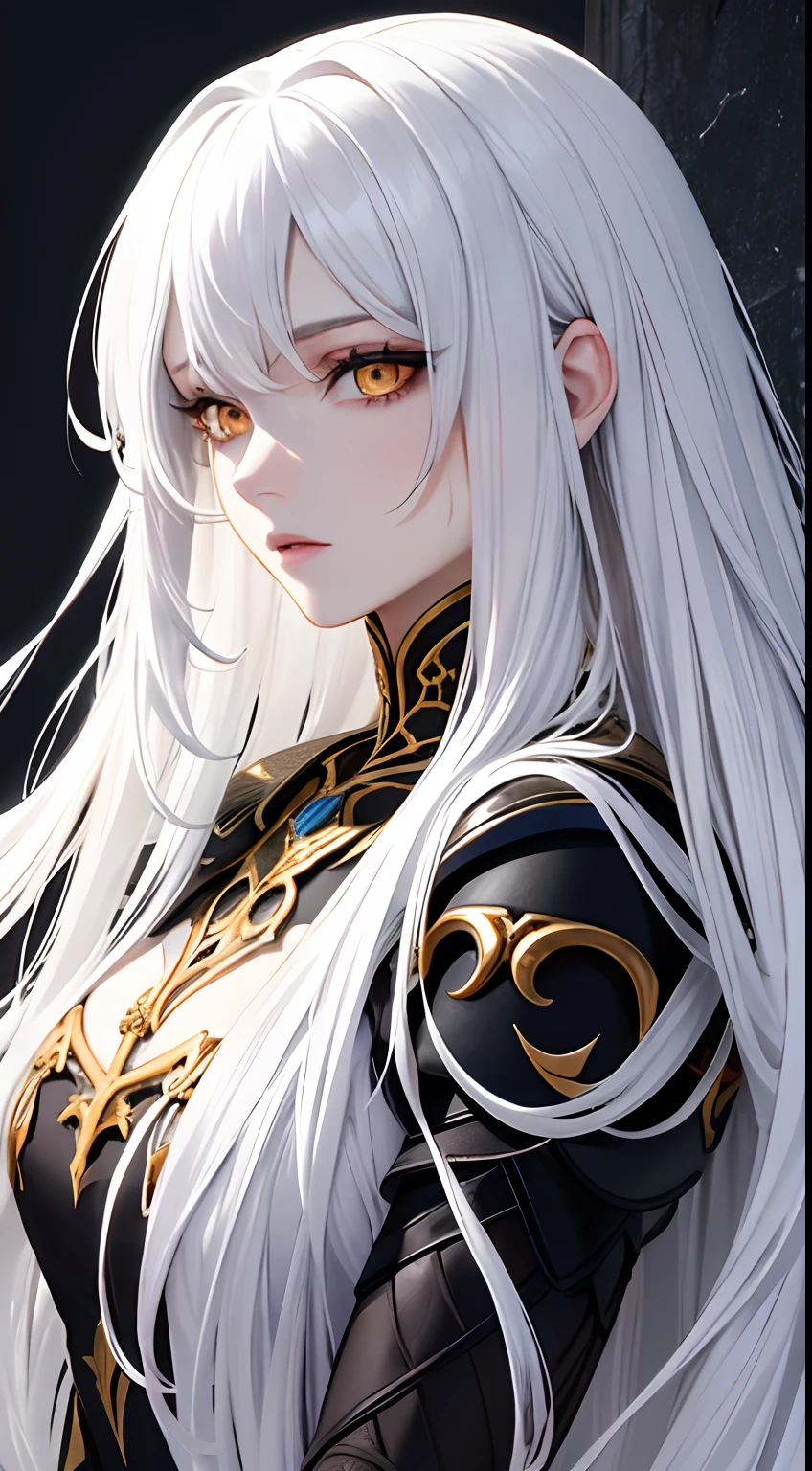 colorful,highest detailed, woman with white really long messy beautiful detailed hair serious eyes, dull eyes, dead inside, dark golden eyes, beautiful, majestic, wearing evil armor, evil, toned muscle