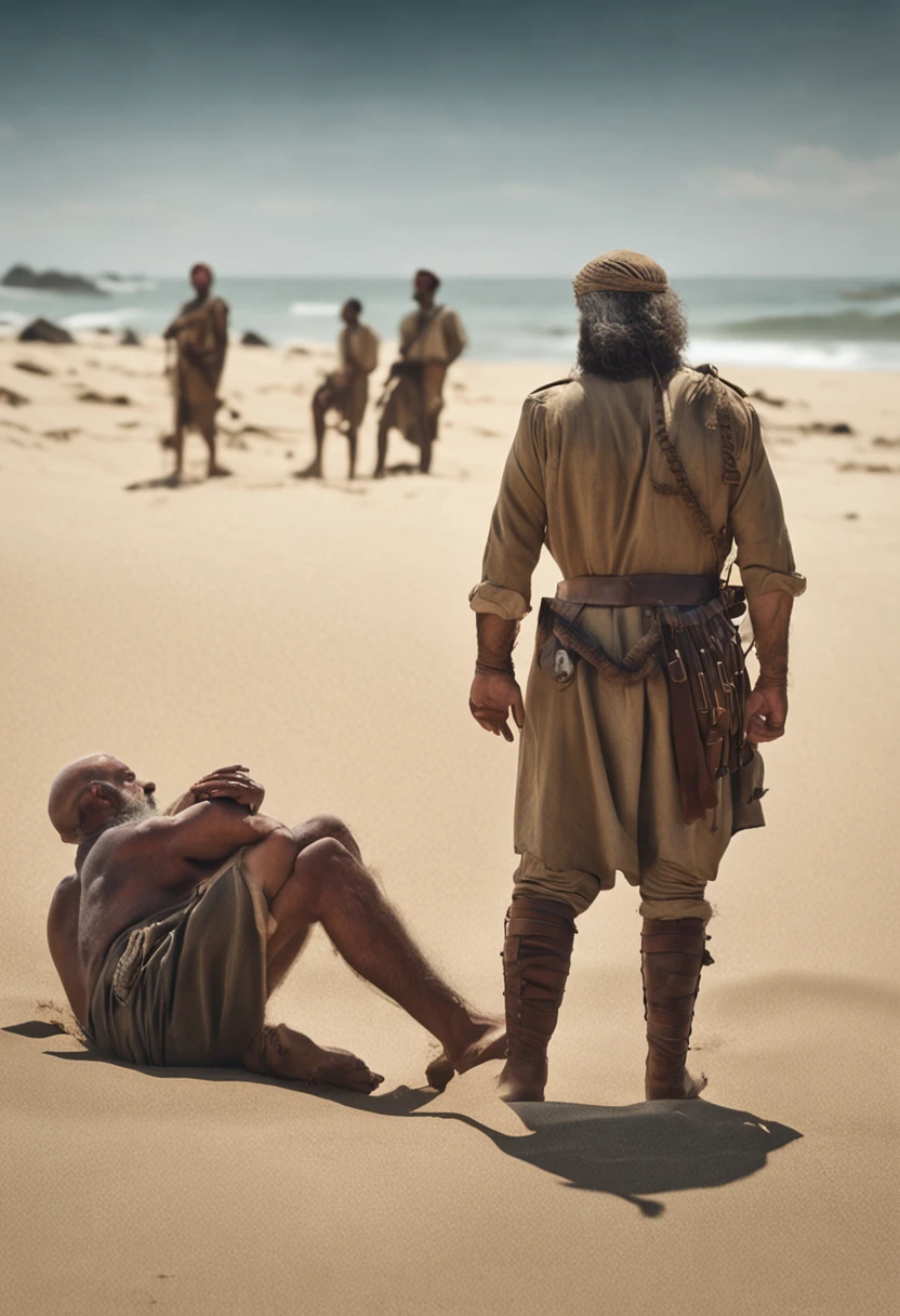 Homem velho, barba longa branca, corpo inteiro abaixado na praia junto de um soldado Romano, arte 8k, Historical approach.