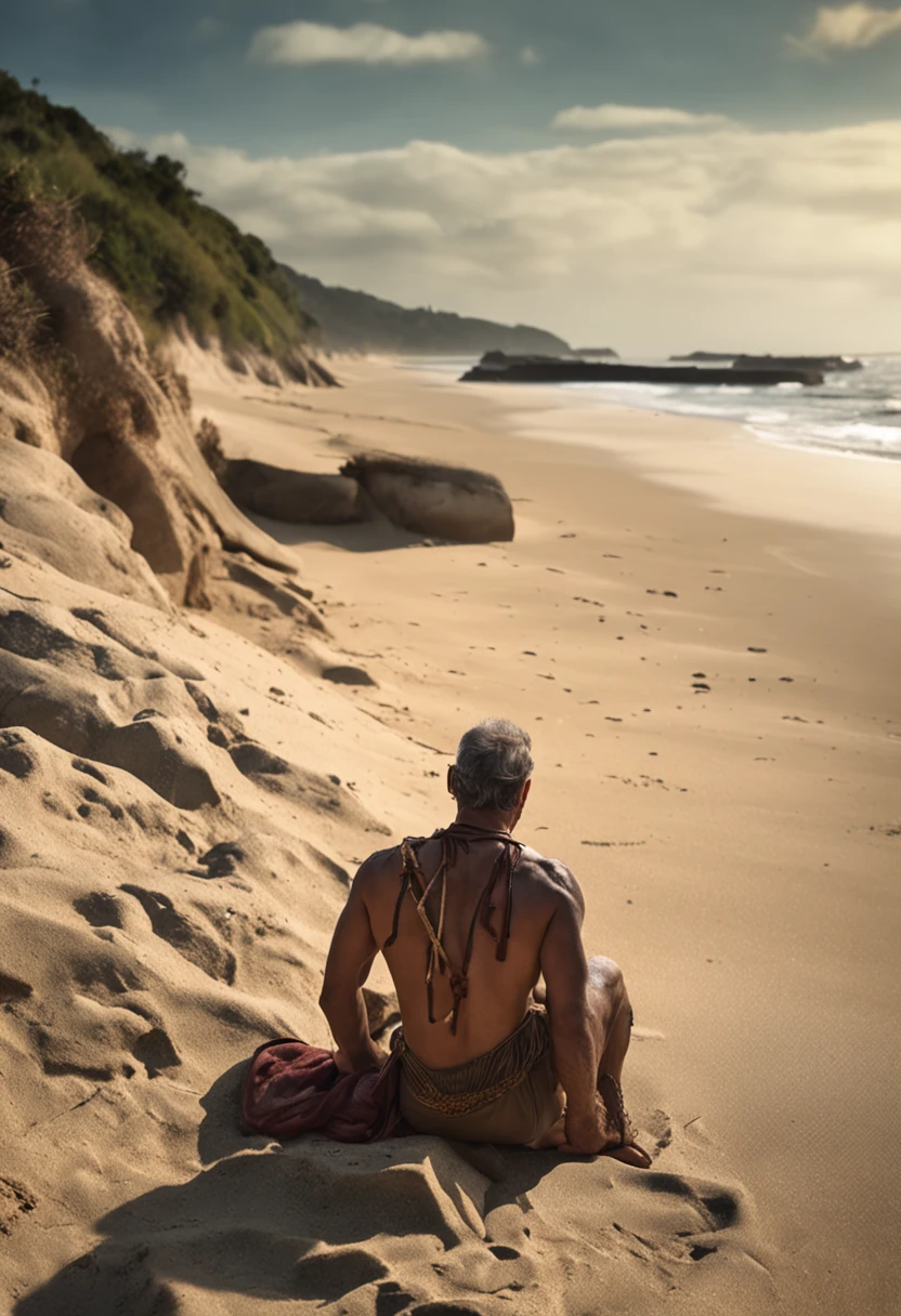 Homem velho, barba longa branca, corpo inteiro abaixado na praia junto de um soldado Romano, arte 8k, Historical approach.