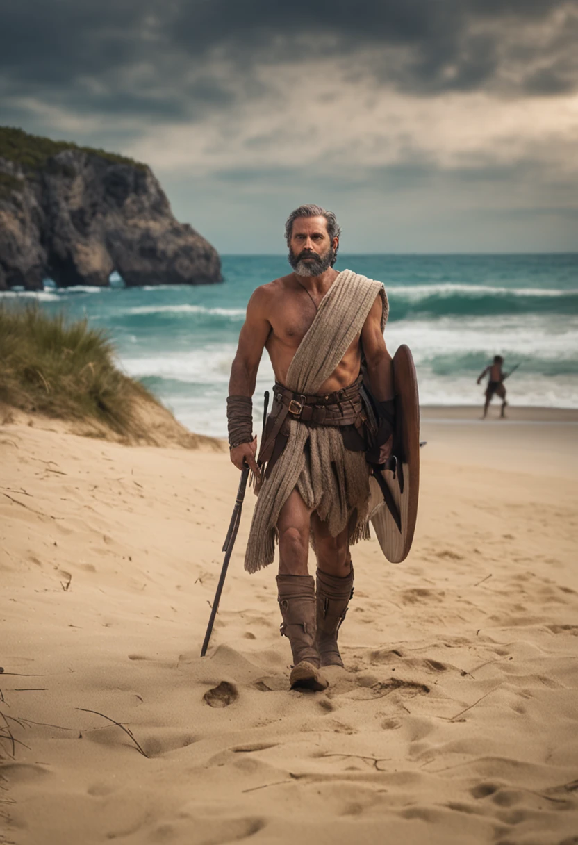 Homem velho, barba longa branca, corpo inteiro abaixado na praia junto de um soldado Romano, arte 8k, Historical approach.