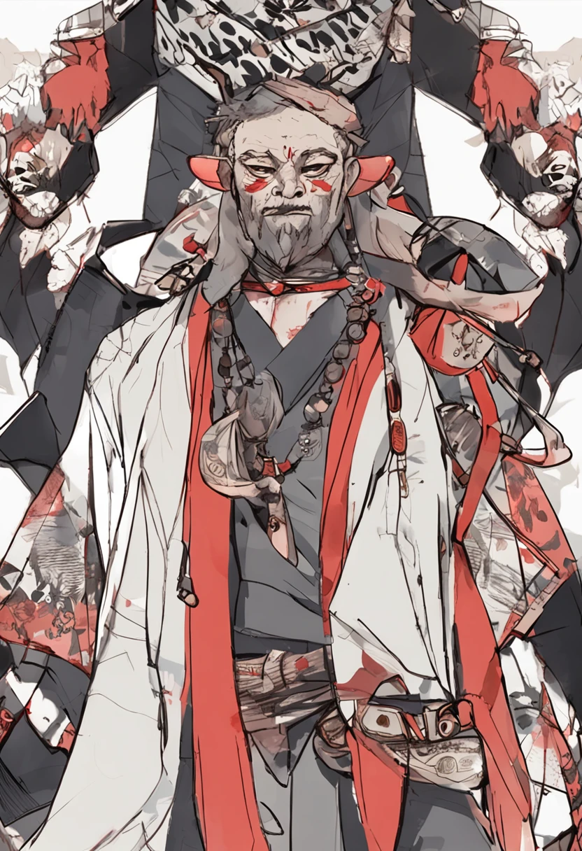 personagem de anime com cabelo branco e uma capa vermelha segurando uma espada, Deus masculino bonito da morte, arte detalhada Onmyoji, samurai correntes tinta mortos-vivos, Retrato de Onmyoji, Fit male demon with white horns, Demon Samurai, Retrato do Deus da Morte, Onmyoji, demon noble character design, Lich Demon Mage Classe, demon samurai warrior, afro samurai animes style