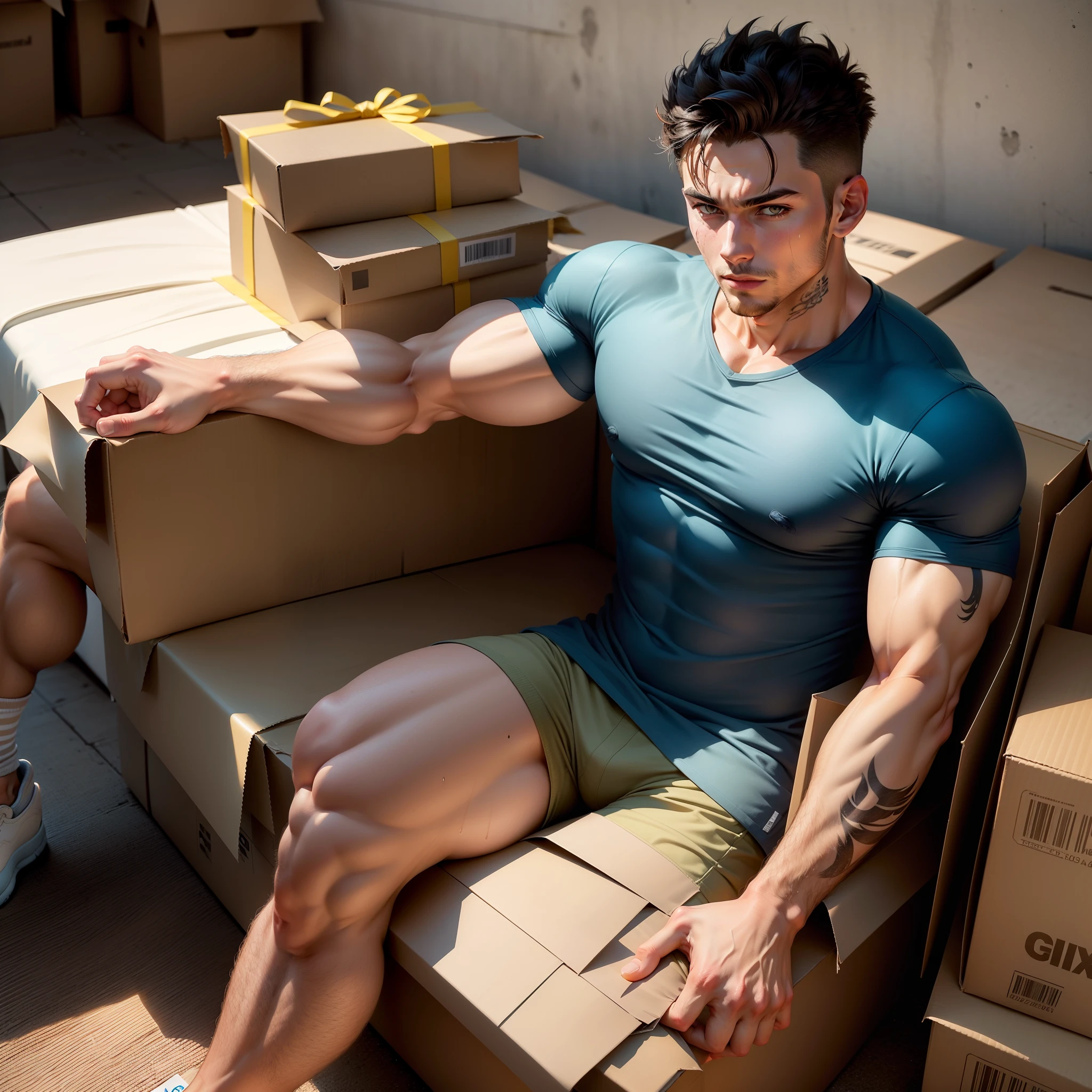 19 years old, big eyes, male, stubble, short hair, huge muscles, exaggerated muscles, mature man, muscle swelling, bodybuilding, pectoral muscles, abs, sitting on blanket, gift streamers on the courier box, express box, sky blue shirt, open shirt, khaki white wide-brimmed sweatpants, high-top sneakers, natural light, wet body, wheat-colored skin, 1man, tattoo on forearm, large number of courier boxes on blankets, express boxes stacked up, legs stretched forward,