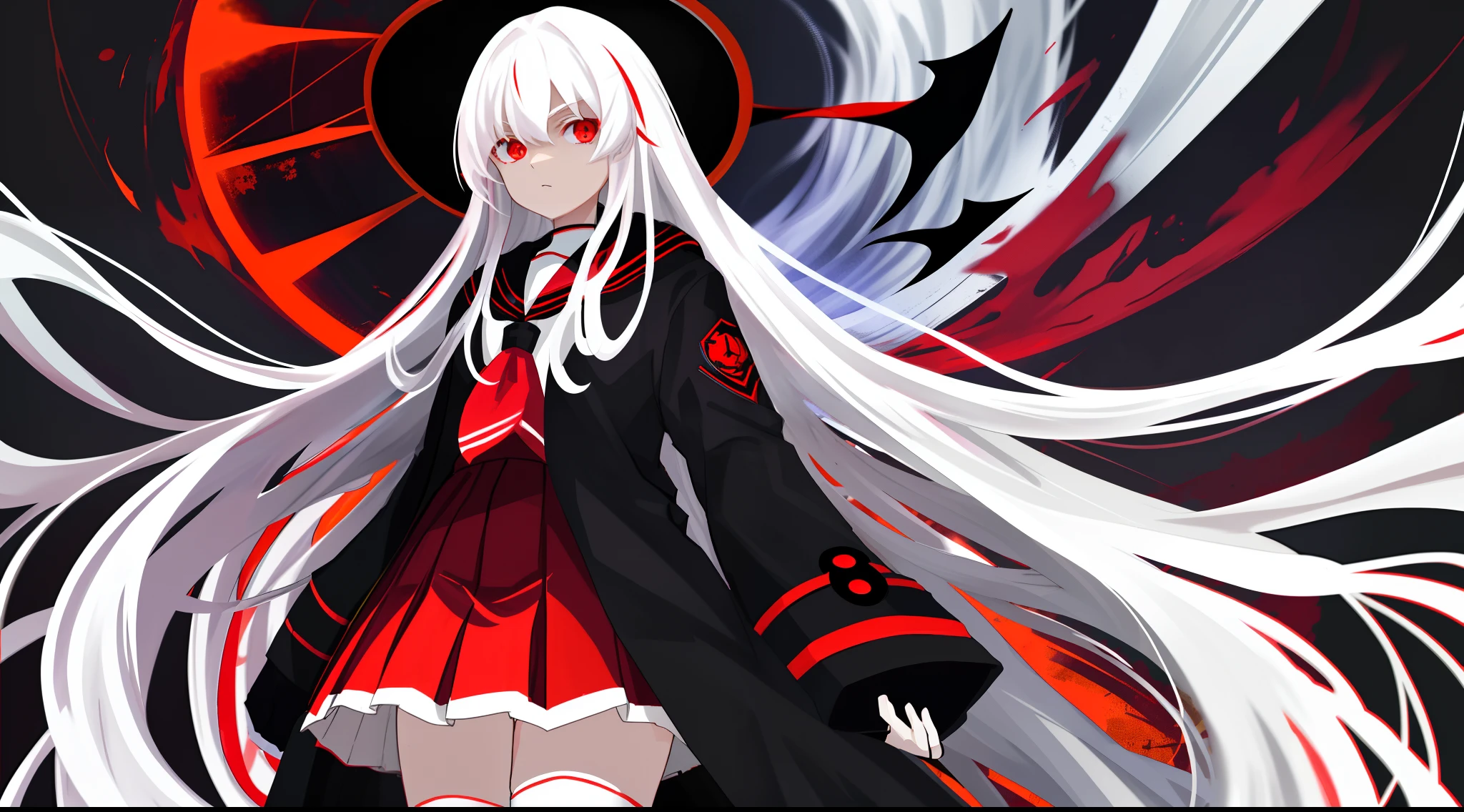 Long white hair, Red eyes, Wear pleated skirts, dressed in a black coat，Inside were some white sailor suits，Wearing black stockings, Plump body, An anime character, Only one person，