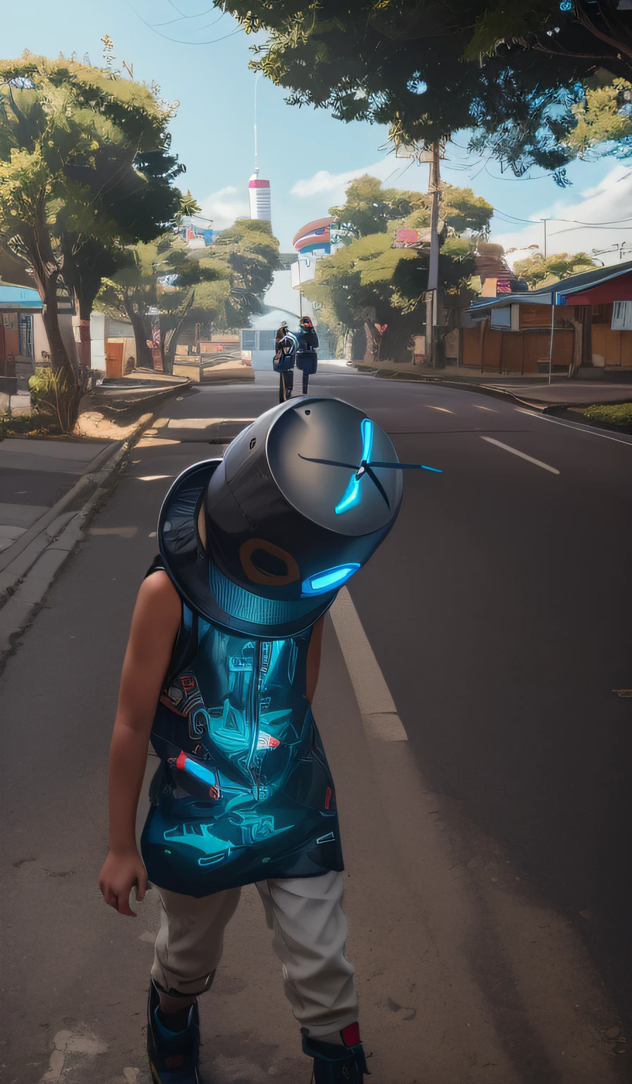 There's a boy walking down the road wearing a hat, Walking through a futuristic suburb, bucket head, 🐋 as 🐘 as 🤖 as 👽 as 🐳, Standing on a futuristic township street, wearing a gray bucket on his head, standing in township street, standing on road, anime, Album art, como um personagem de fortnite anime, bucket head, standing in the street, dark bucket on head