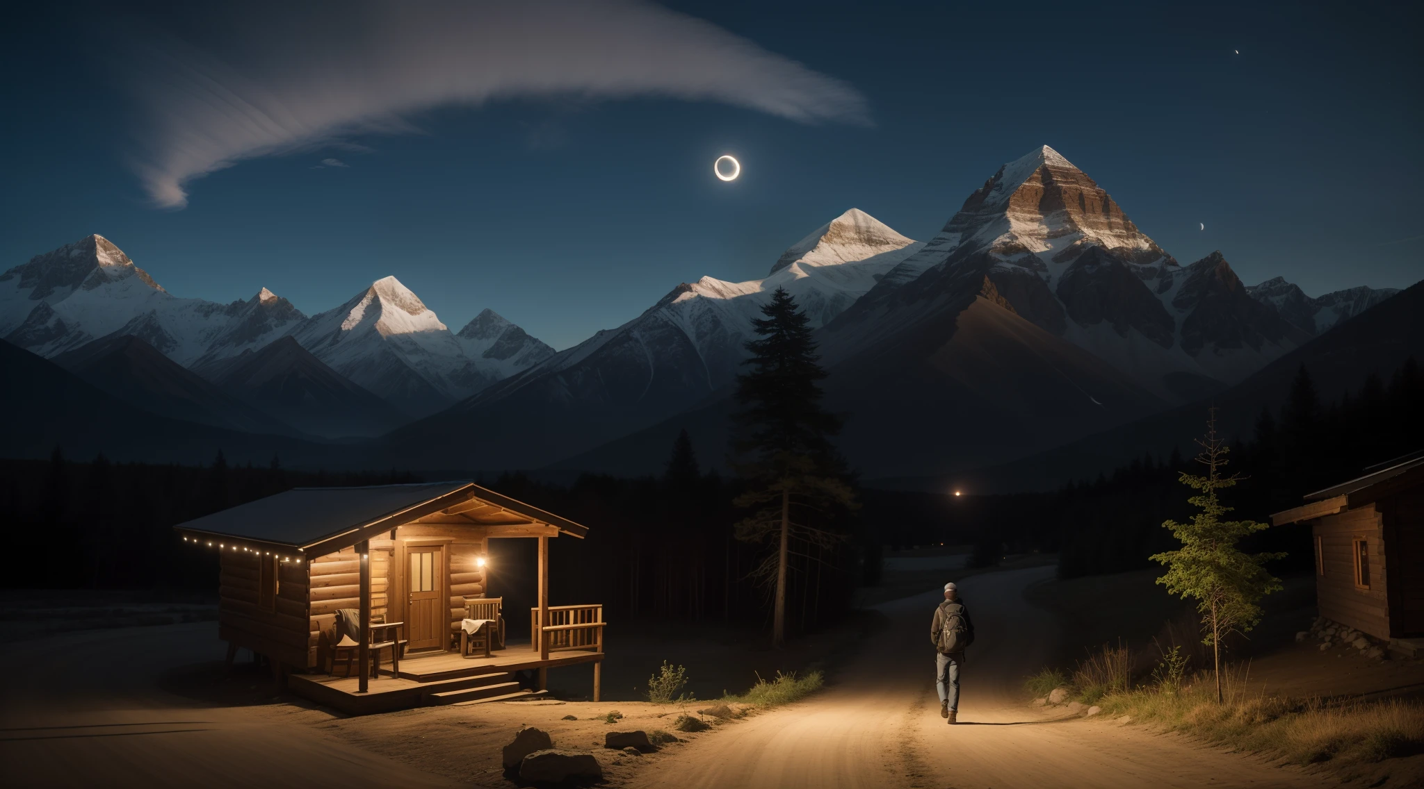 a serene nighttime setting in the countryside, where a lone figure is walking along a dirt road. The individual, with a backpack, is moving away from the camera, creating a feeling of solitude. The sky above is dark and enchanting, with a crescent moon casting a soft glow. In the distance, a mountain range and a dense forest provide a serene backdrop. A rustic wooden cabin, adorned with lights, stands peacefully in the background. The scene is further enriched by a flock of birds soaring gracefully through the dark sky.