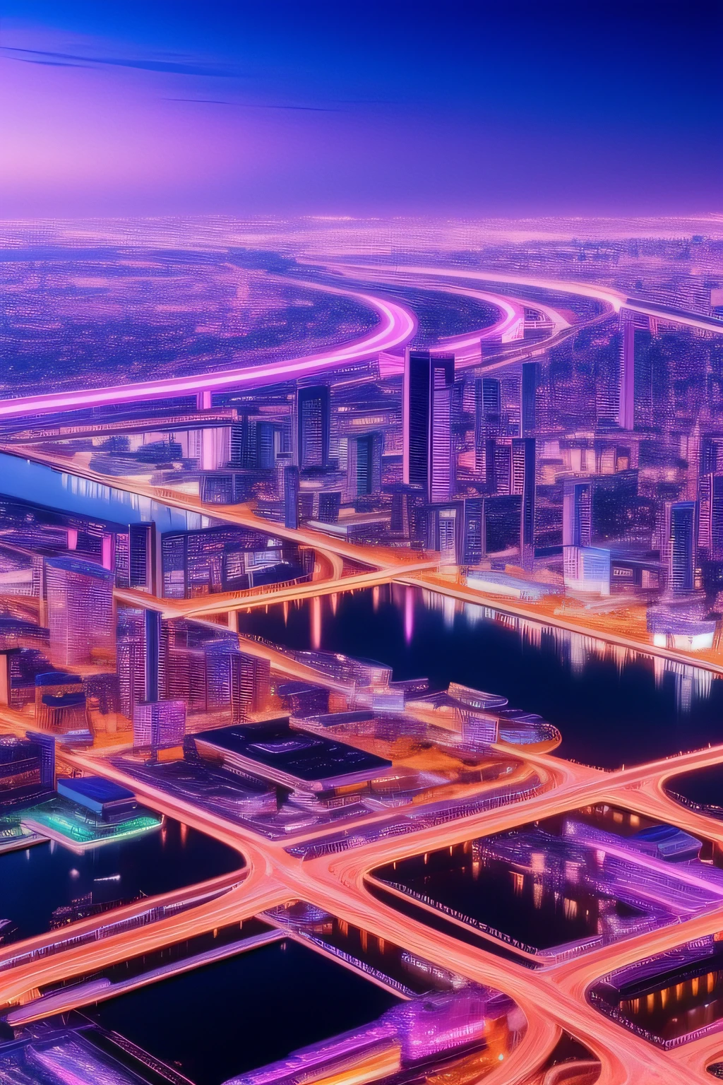 A purple and pink Japanese city with futuristic style with several mirrored buildings with vibrant lighting and many twinkling lights in the signs ultra HD realistic wallpaper style beautiful image defined and realistic buildings