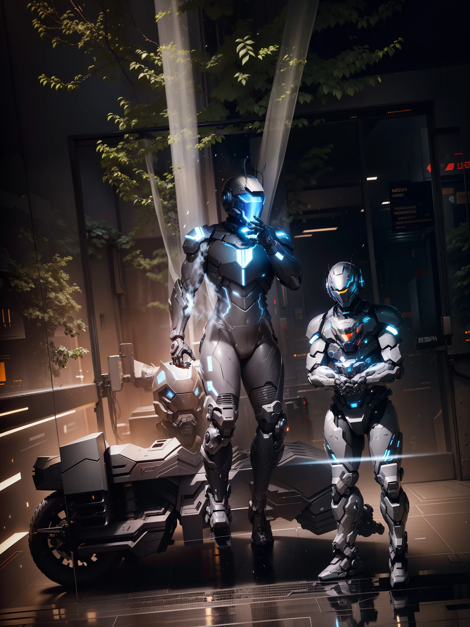 Man, strong full body black mech suit cyberdude warrior, high-tech black full enveloping helmet, black mech suit, Nousr, biomechanics, MSHN robot man, high-tech helmet, surreal, steel, intricate design, crazy details, fine details, extremely clear lines, cinematic lighting, photo realism, detailed masterpiece
