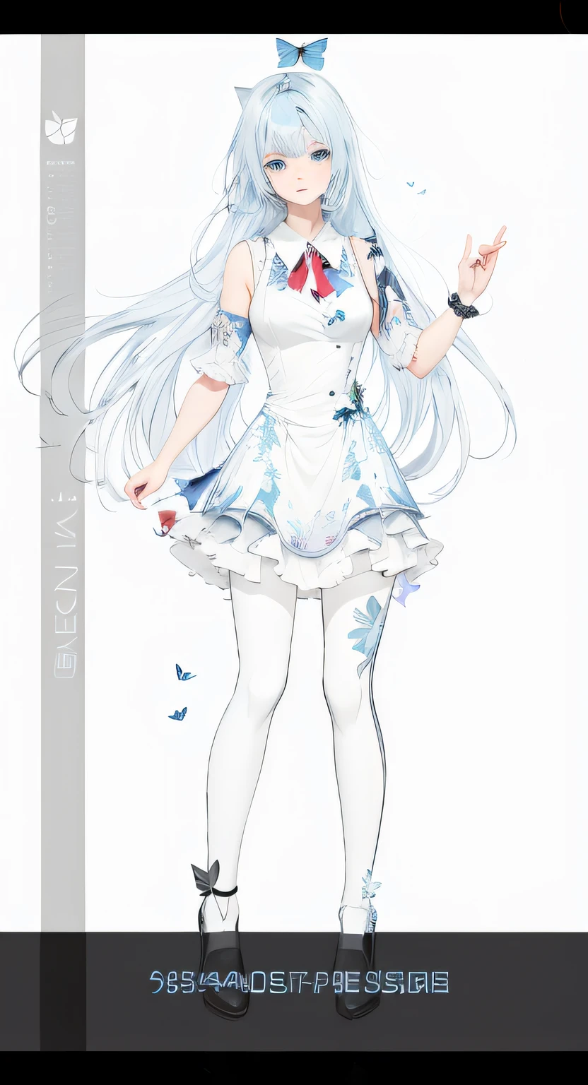 blue hairs，blue color eyes，a black skirt，sleevelessdress，butterflys，coloured with lots of colour，high qulity，VerydetailedCG，Mottled sunlight， 4K, Ultra HD