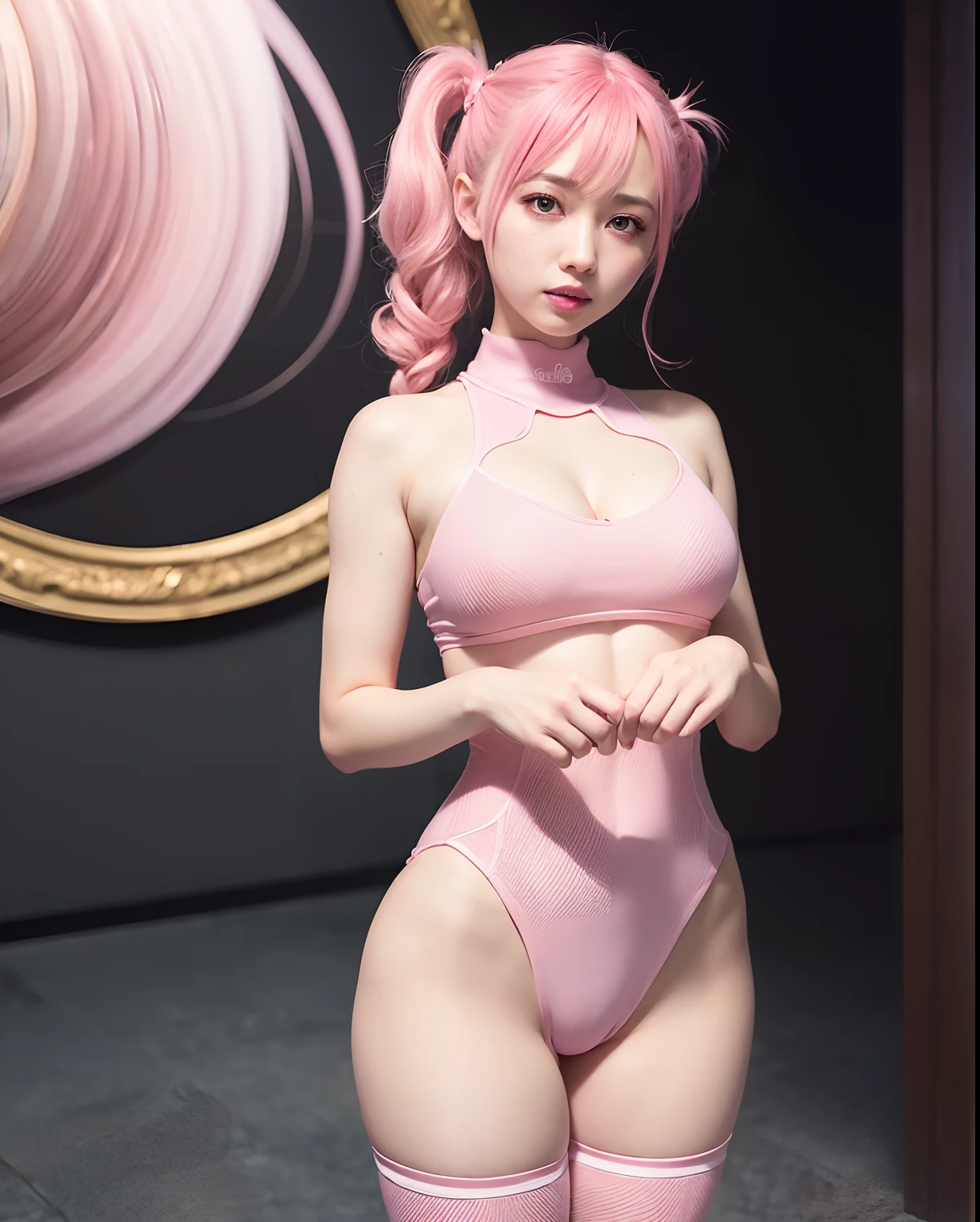 ulzzang-6500-v1.1,(raw photo:1.2),((photorealistic:1.4)),best quality ,masterpiece, illustration, an extremely delicate and beautiful, extremely detailed ,CG ,unity ,8k wallpaper, Amazing, finely detail, official art,extremely detailed CG unity 8k wallpaper,absurdres, incredibly absurdres, huge filesize, ultra-detailed, highres, beautiful detailed girl, extremely detailed eyes and face, beautiful detailed eyes,light on face,cinematic lighting,((extremely pink tight suit clothing)),1girl,full body,full-body shot,looking at viewer,((light pink hair)), red eyes,((bliss)), best detailed background, ((cosplay)), (smile), twintails, ((hold a rifle)),