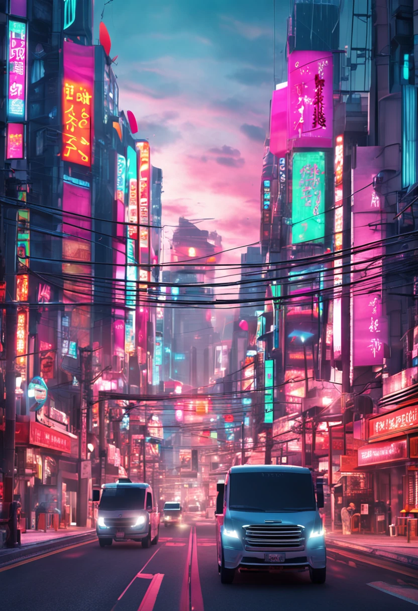A Japanese city with futuristic style with several mirrored buildings with vibrant lighting and many twinkling lights on the realistic ultra HD signs style beautiful picture set wallpaper and realistic buildings with gleaming car signs