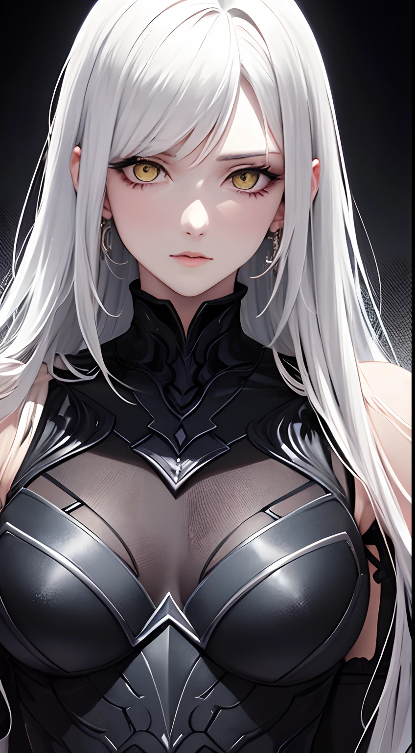 colorful,highest detailed, woman with white really long messy beautiful detailed hair serious eyes, dull eyes, dead inside, dark yellow eyes, beautiful, majestic, wearing evil black armor, evil, toned muscle,